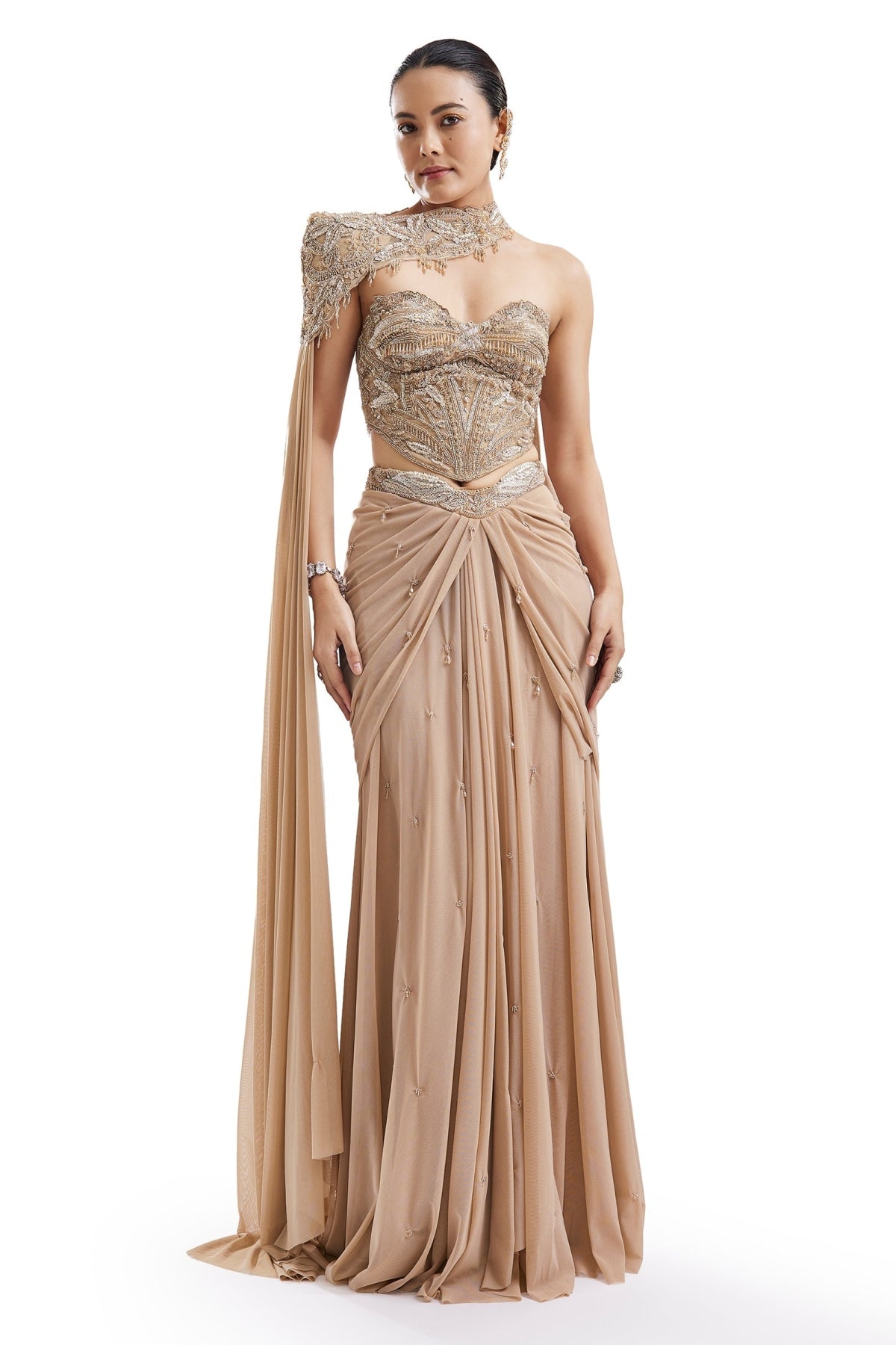 Gold Embroidered Drape Skirt Set With Sweetheart Blouse