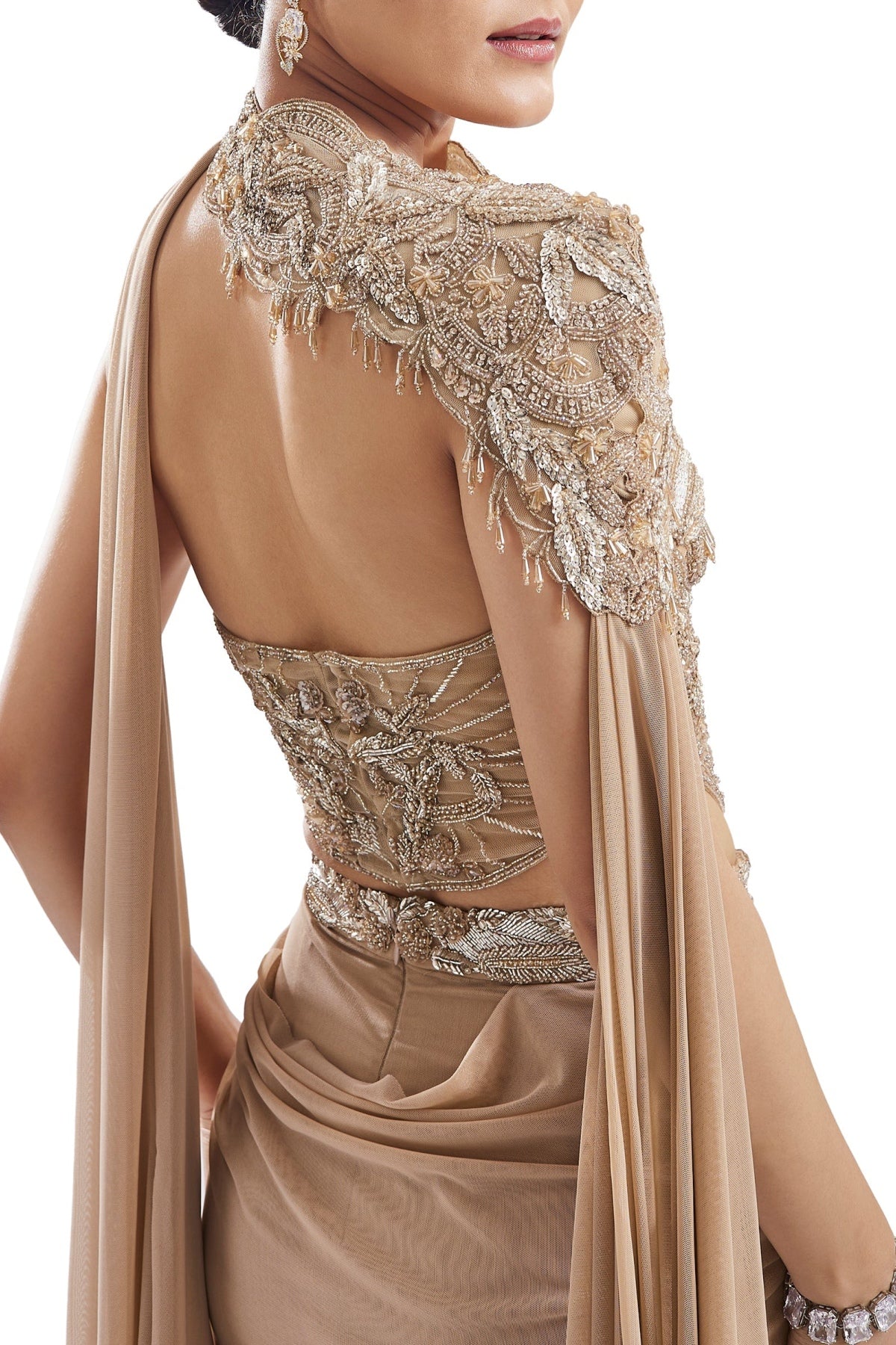Gold Embroidered Drape Skirt Set With Sweetheart Blouse