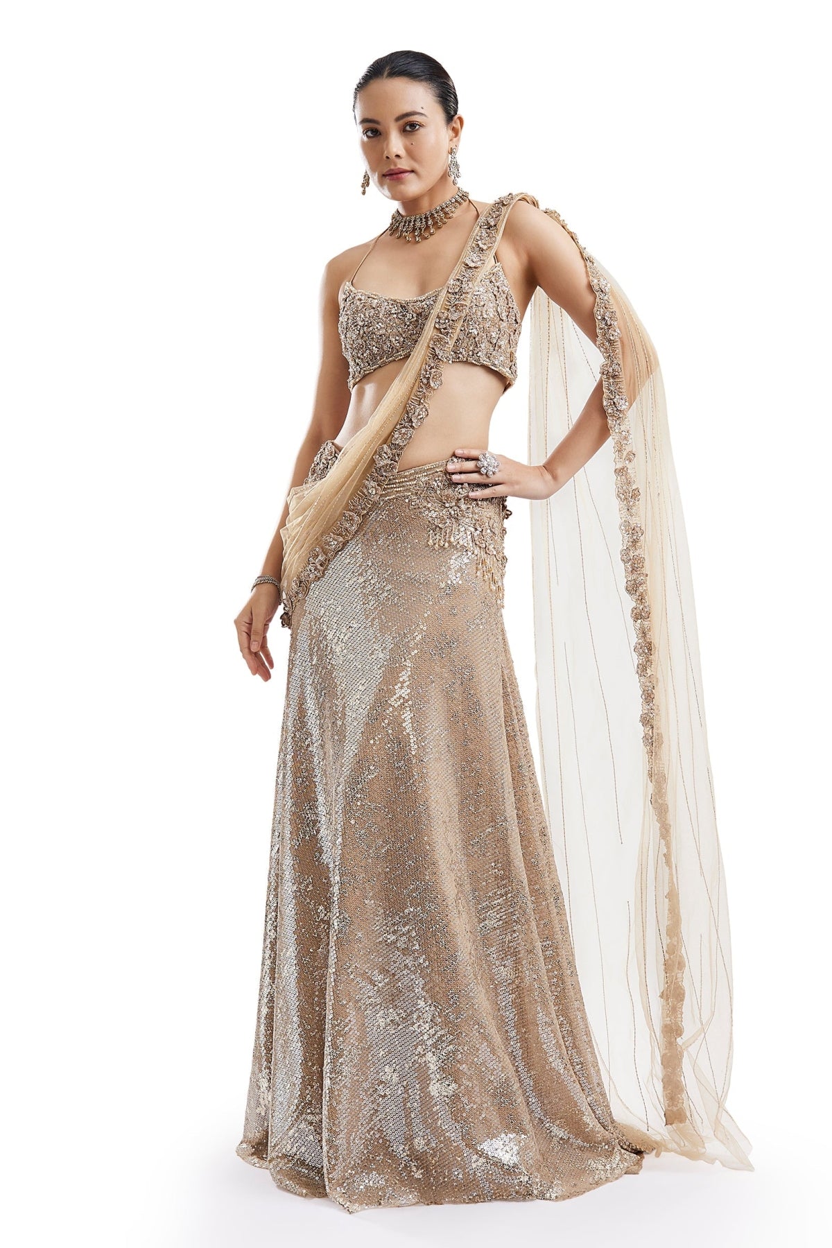 Gold Detachable Drape Saree Skirt Set
