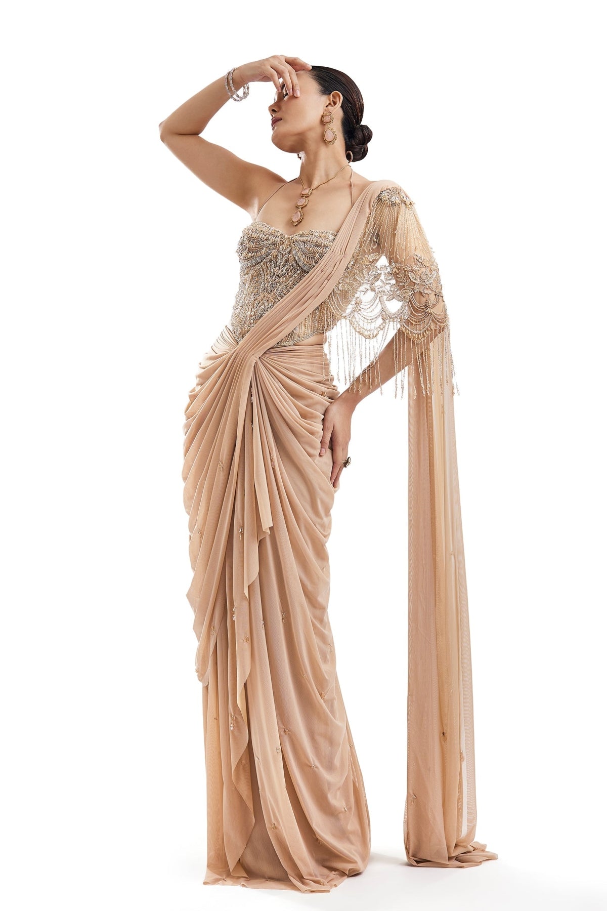 Gold Ready Pleated Saree With Halter Blouse