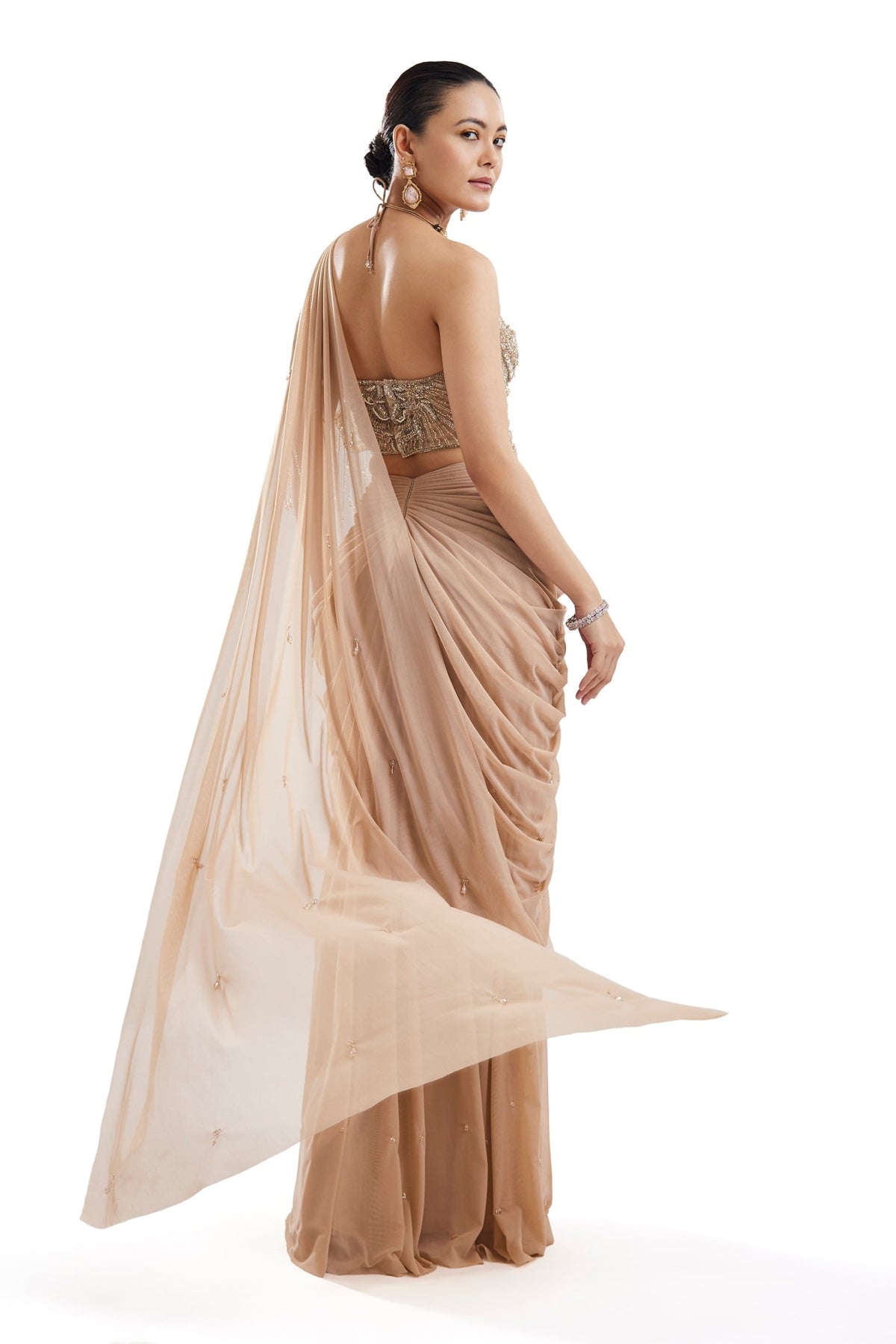 Gold Ready Pleated Saree With Halter Blouse