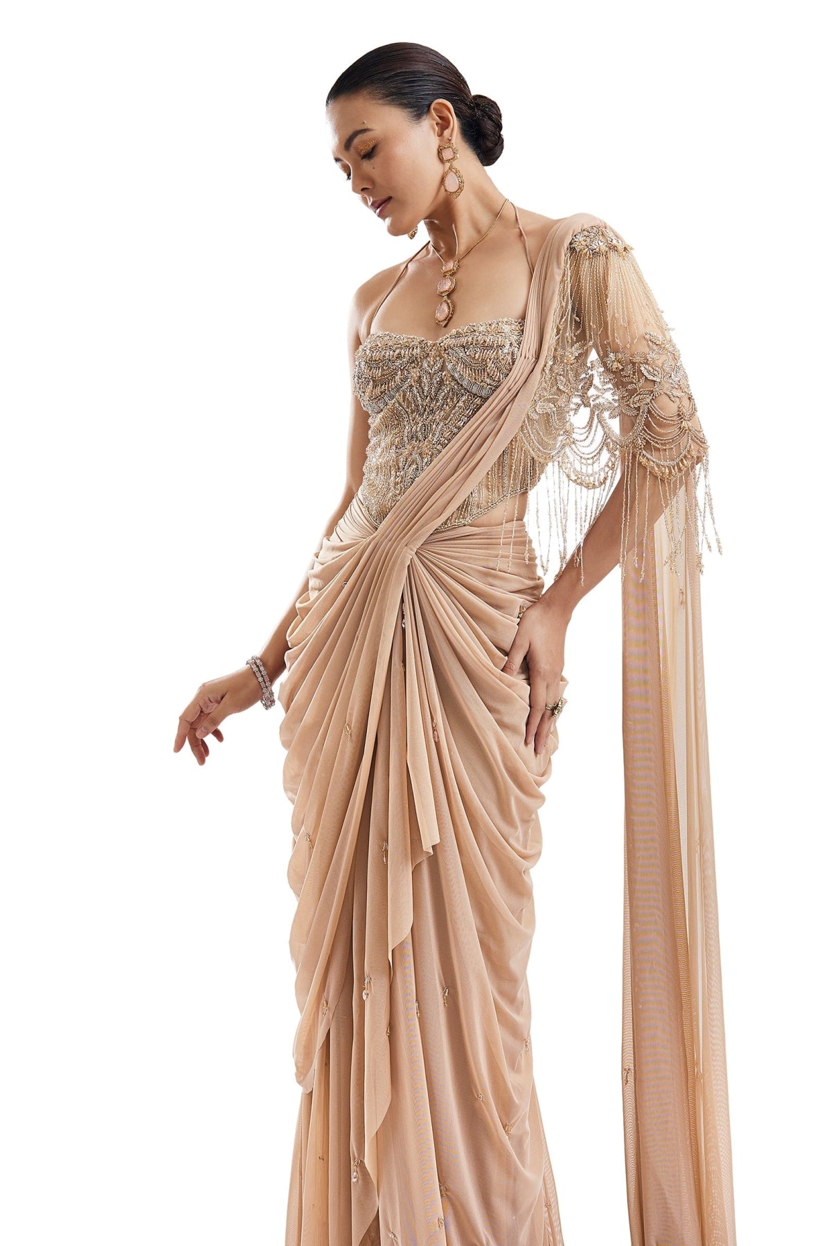 Gold Ready Pleated Saree With Halter Blouse