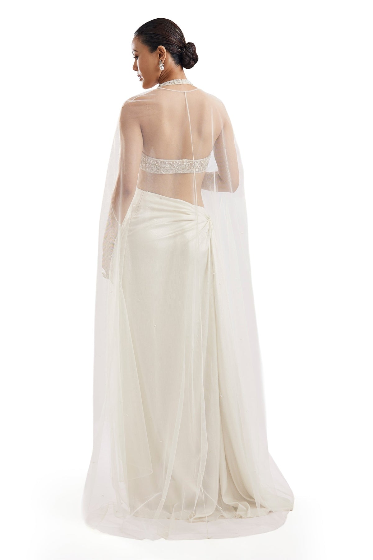Ivory Embroidered Drape Skirt Set With Cape