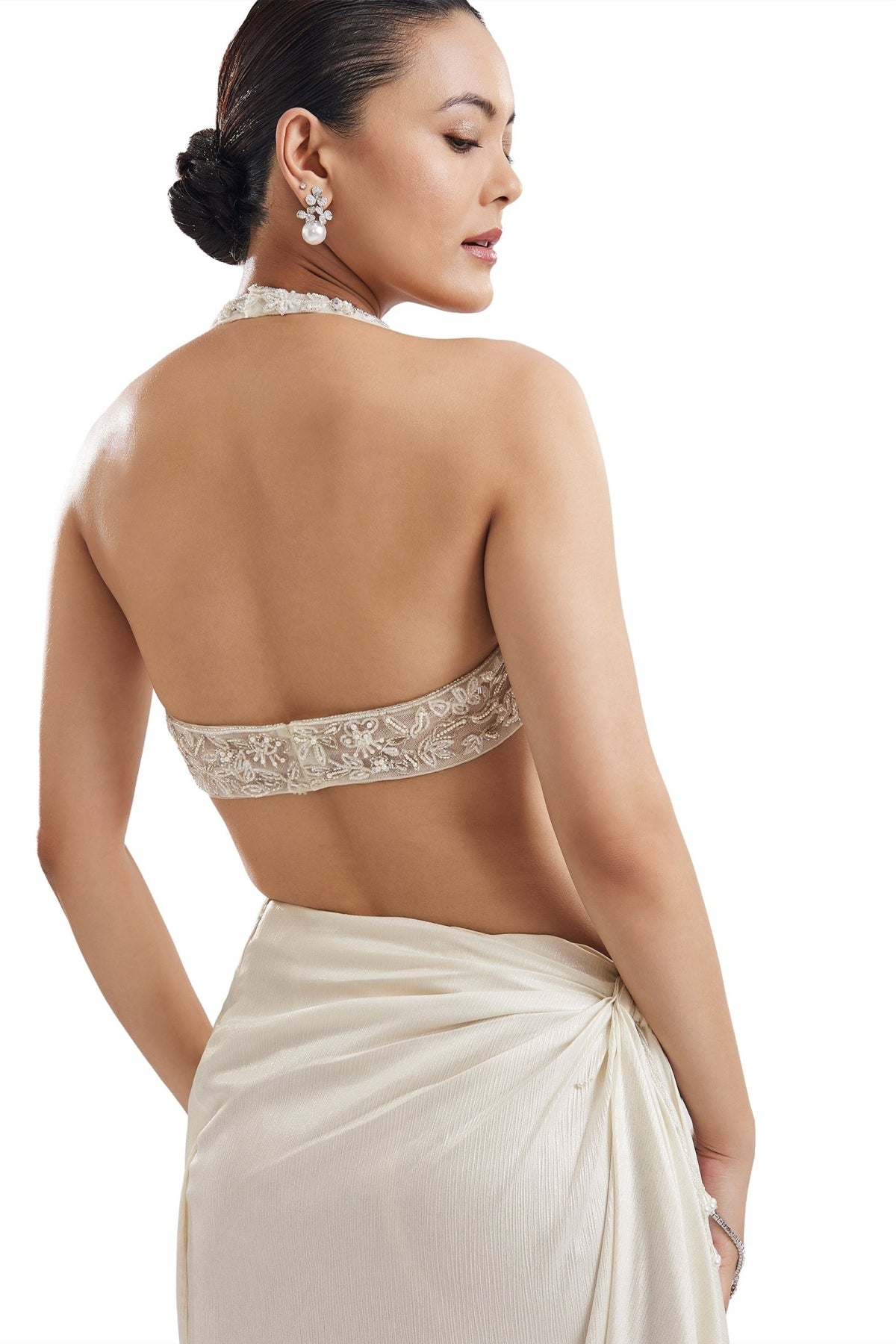 Ivory Embroidered Drape Skirt Set With Cape