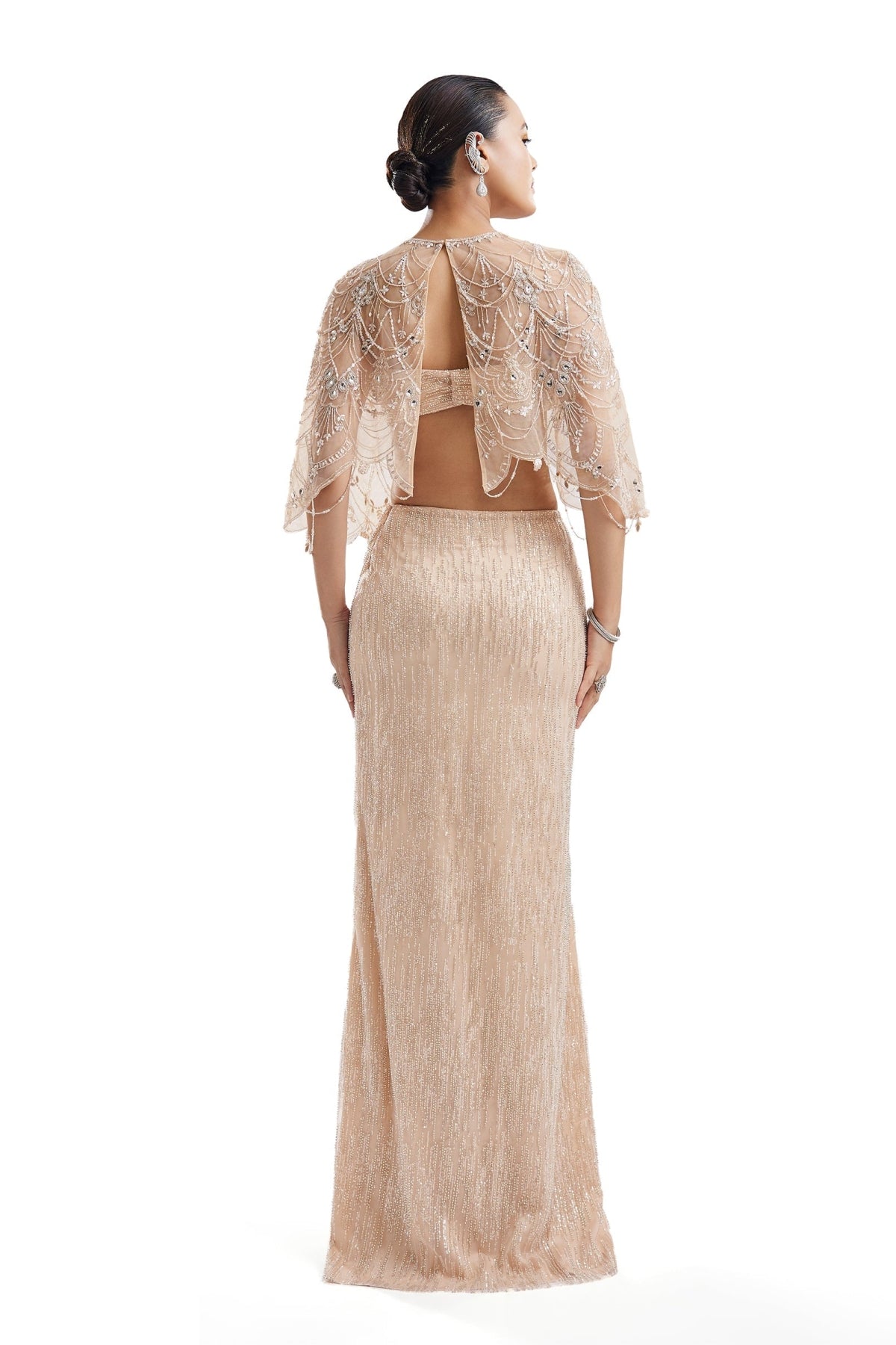 Beige Embellished Cape Crop Top Skirt Set