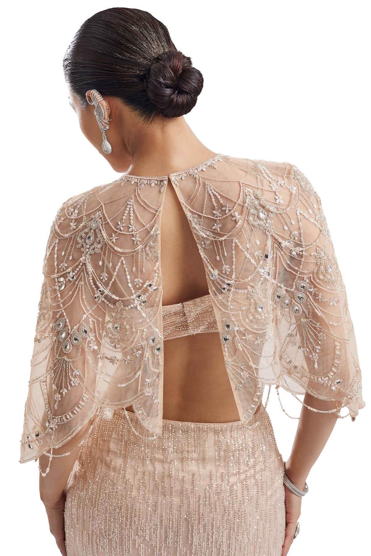 Beige Embellished Cape Crop Top Skirt Set