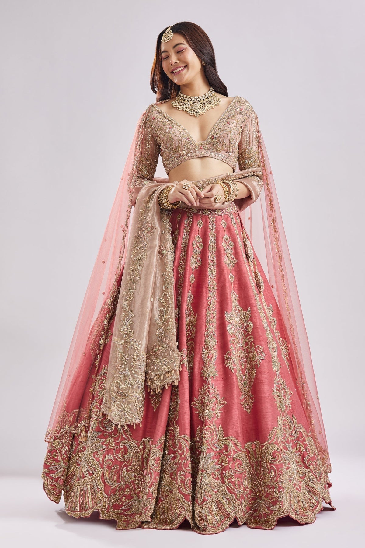 Scalloped Pink Lehenga With Dual Blouses