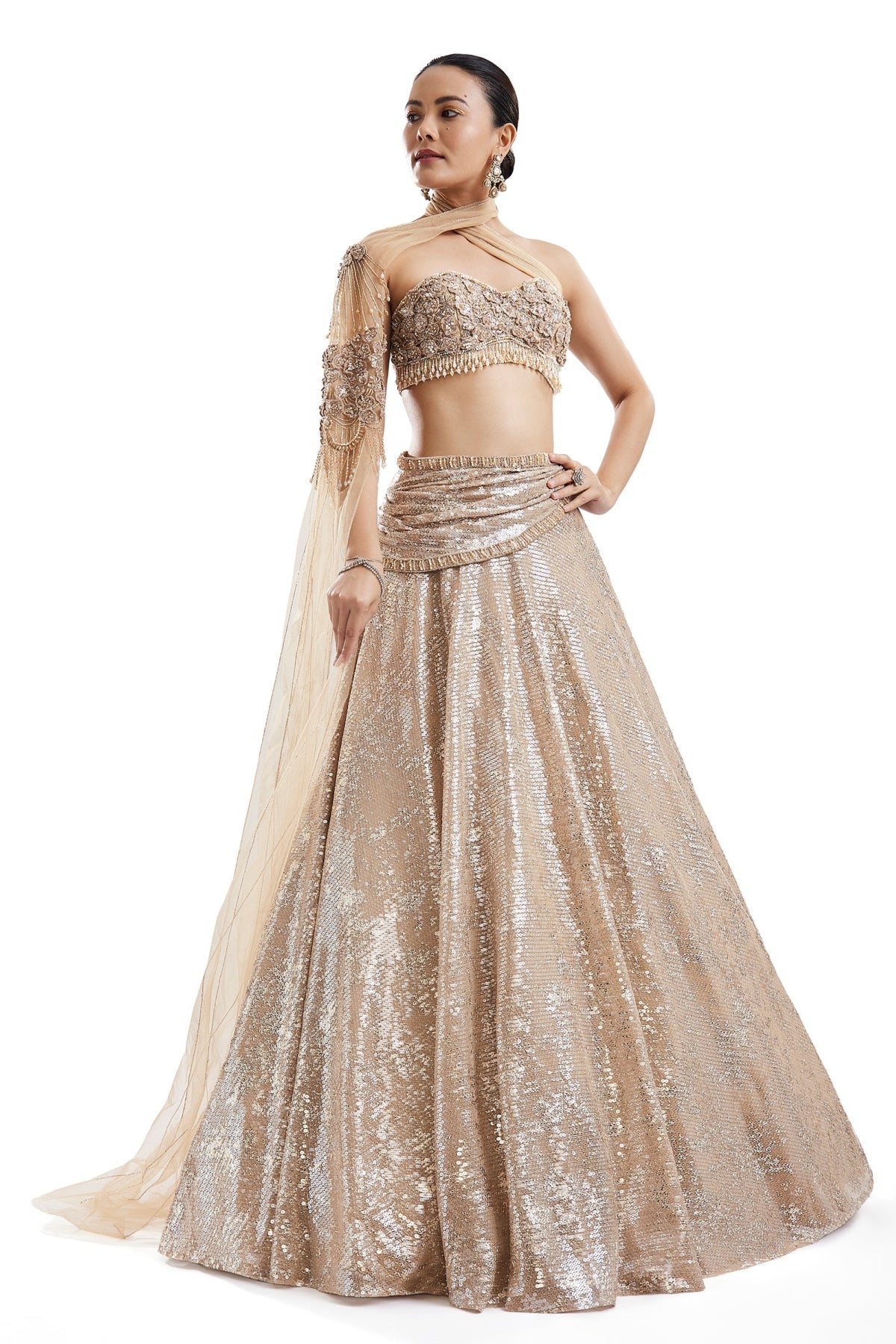 Gold Embroidered Lehenga With Attached Drape Cape