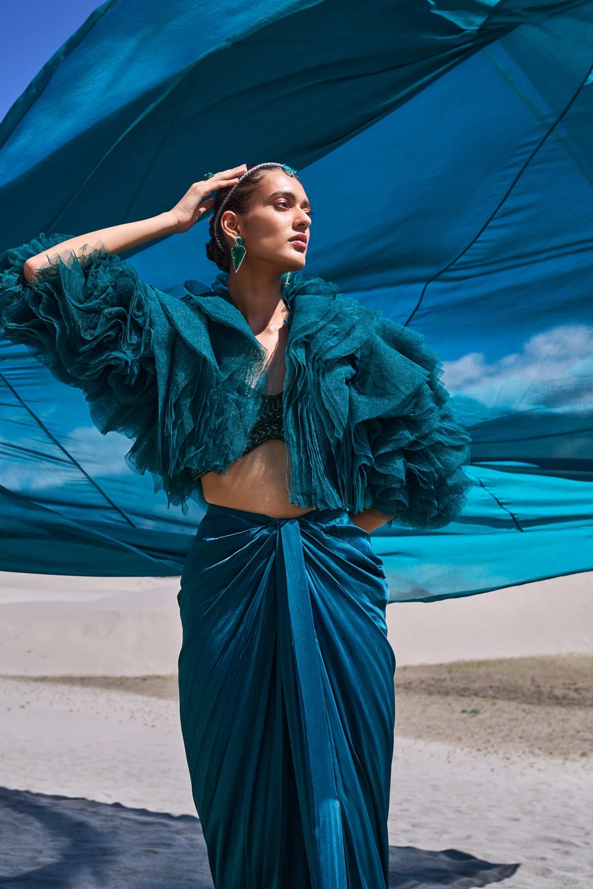 Peacock Green Satin Pre Draped Skirt Set With Ruffle Jacket