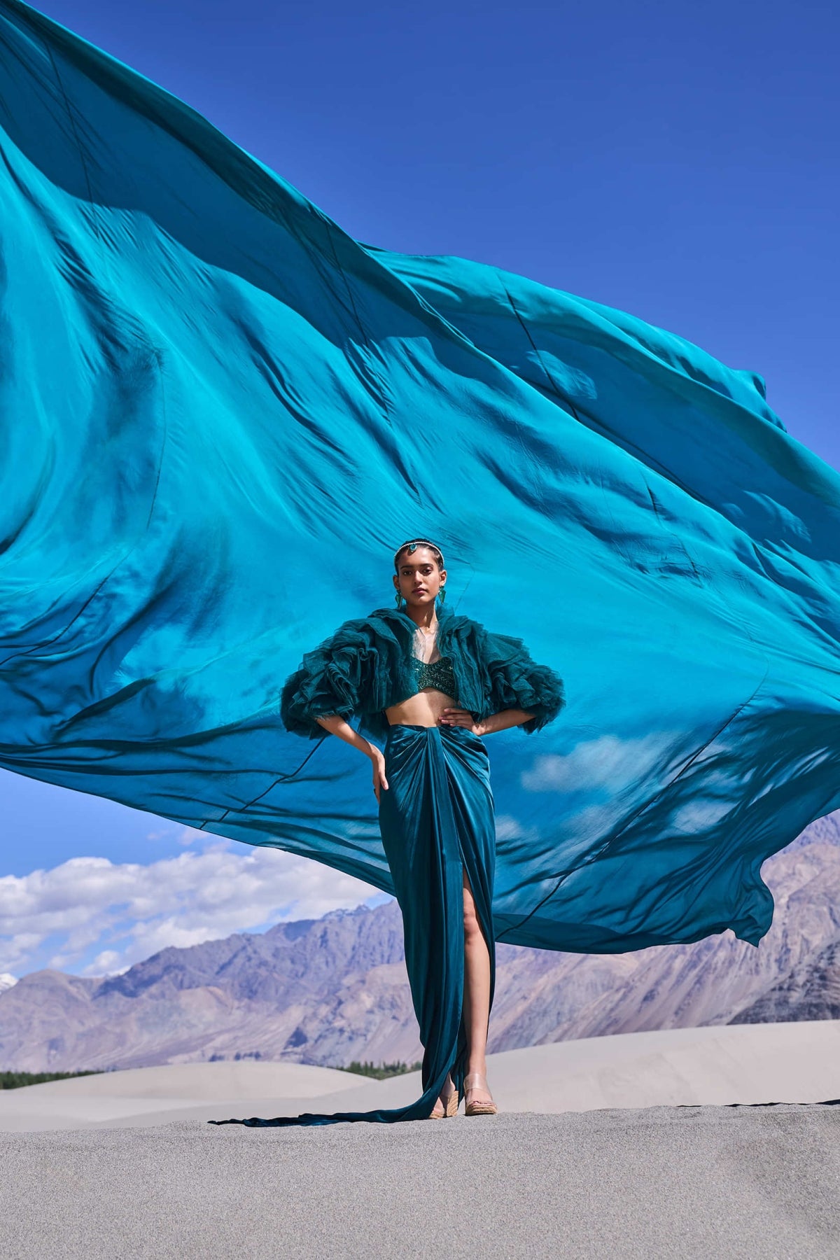 Peacock Green Satin Pre Draped Skirt Set With Ruffle Jacket