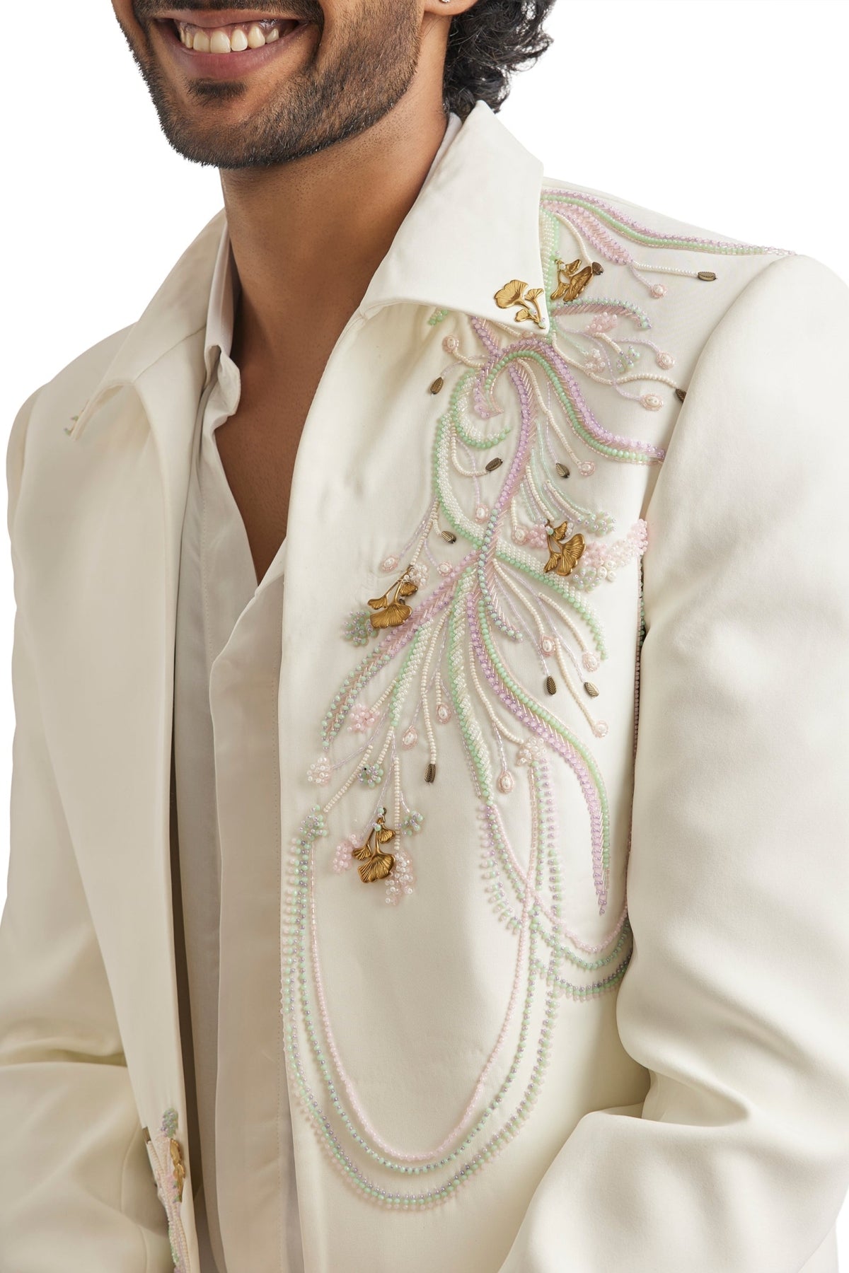 White Embroidered Tuxedo Set With Organza Satin Shirt