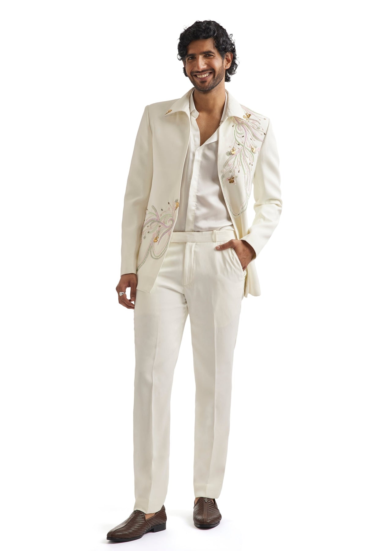 White Embroidered Tuxedo Set With Organza Satin Shirt