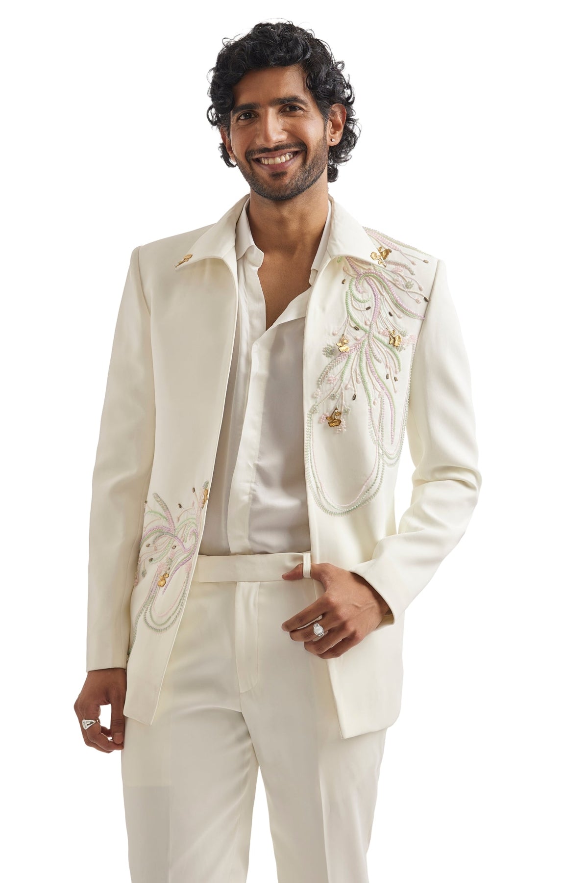 White Embroidered Tuxedo Set With Organza Satin Shirt