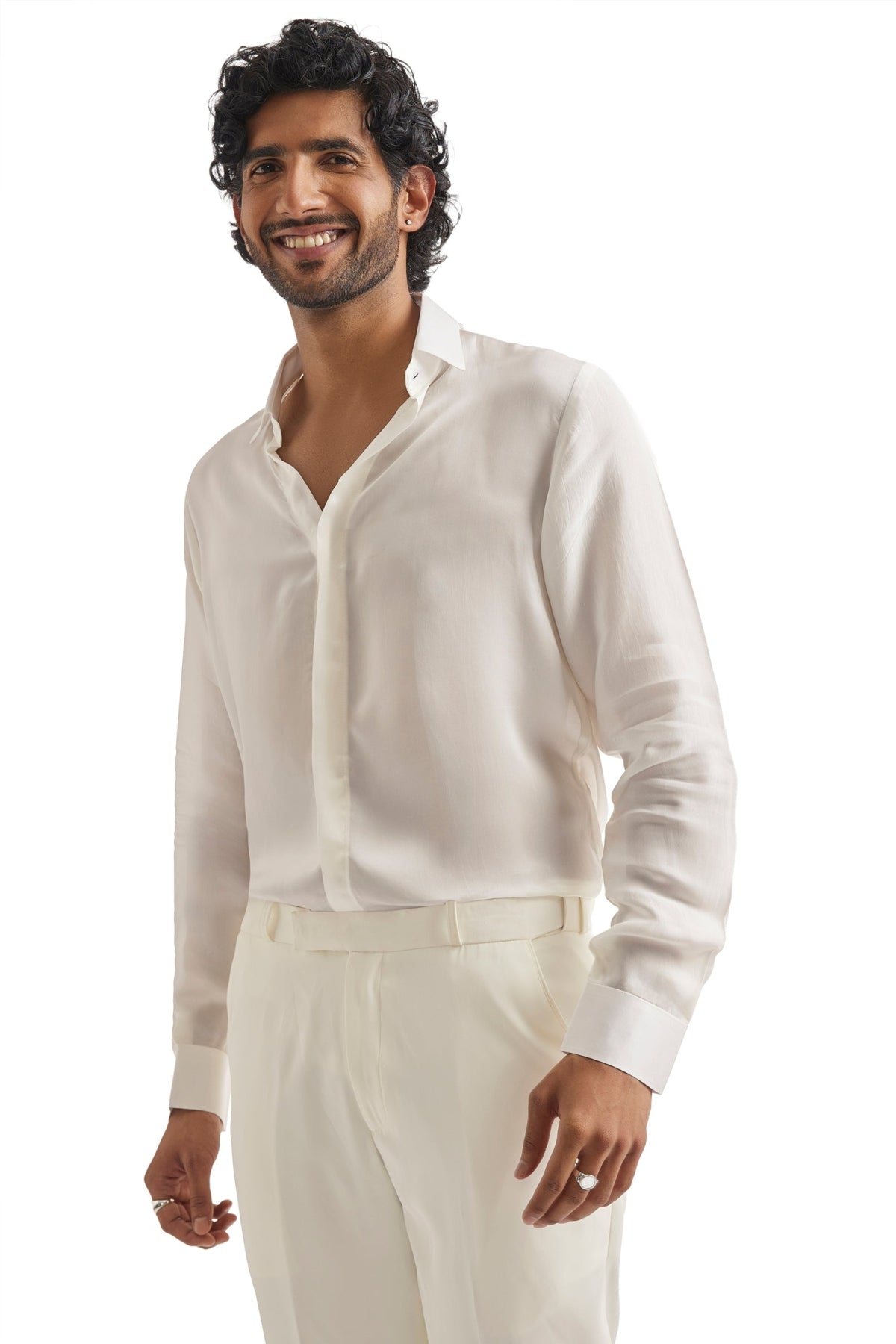 White Embroidered Tuxedo Set With Organza Satin Shirt