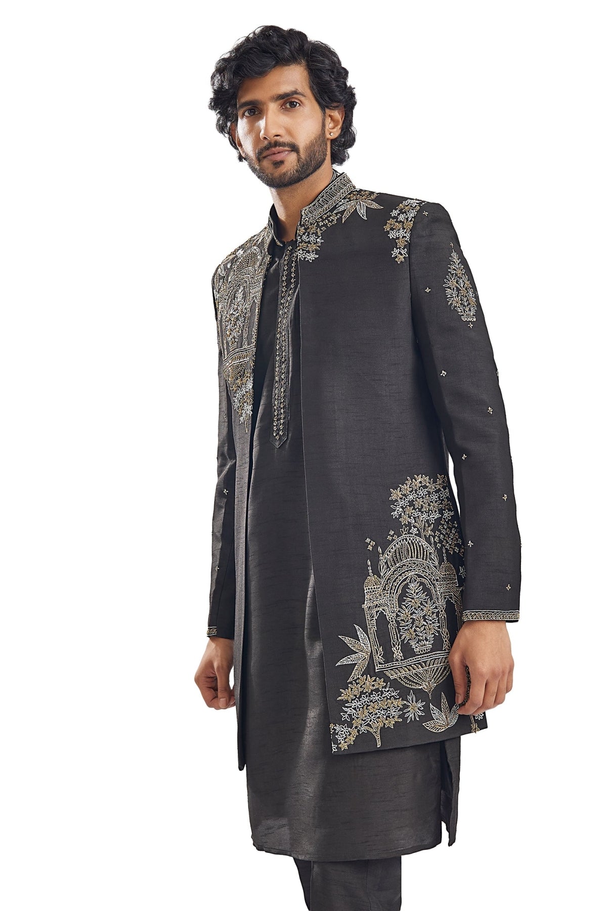 Black Cut Dana Thread Work Groomsman Sherwani
