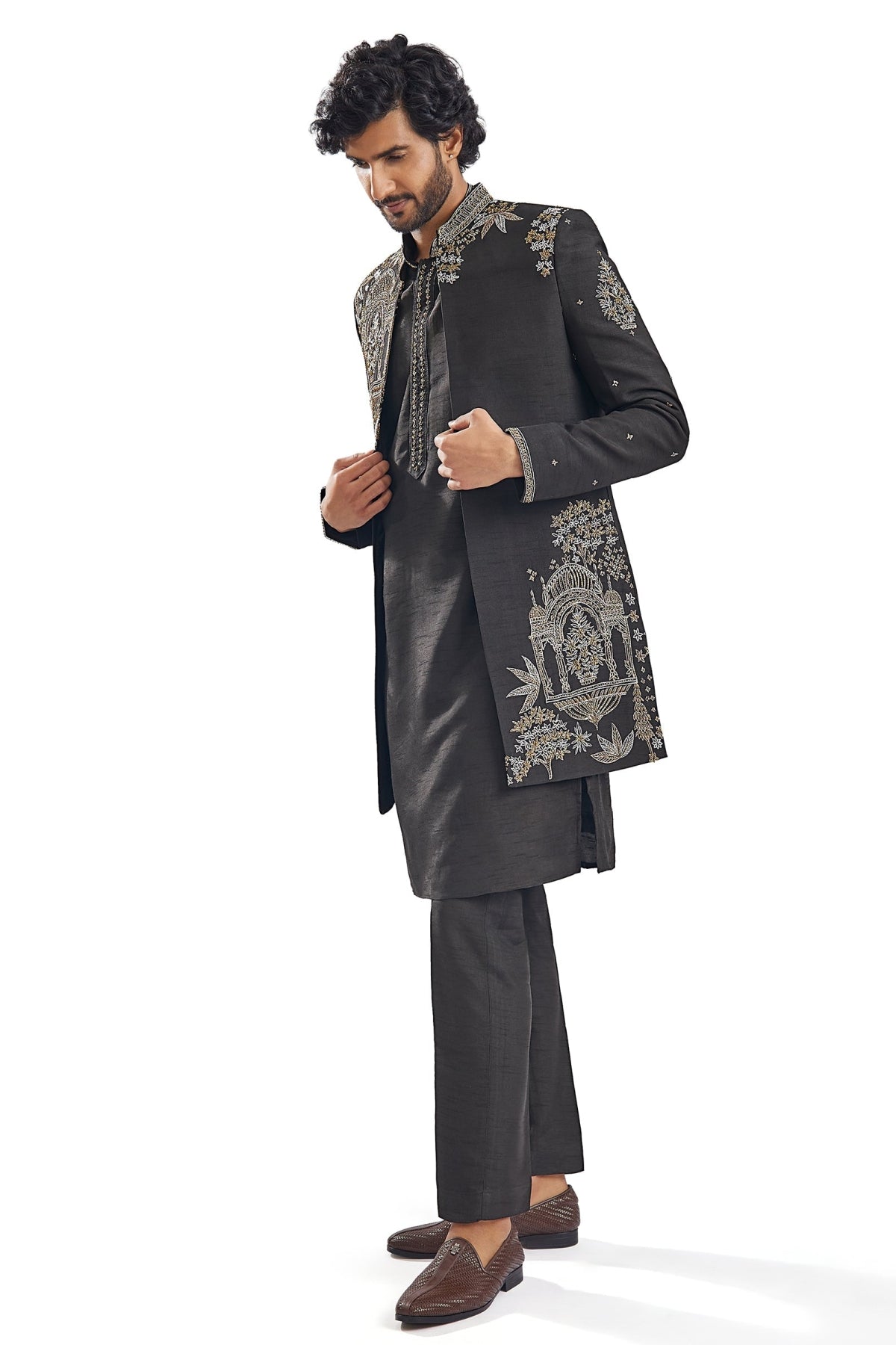 Black Cut Dana Thread Work Groomsman Sherwani