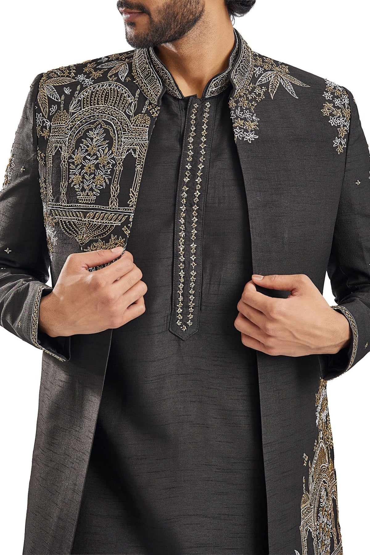 Black Cut Dana Thread Work Groomsman Sherwani