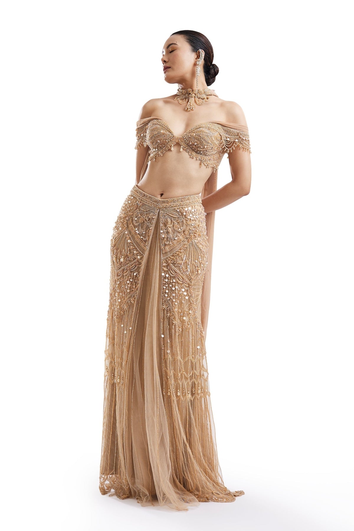 Gold Drape Skirt Set With Off-Shoulder Blouse