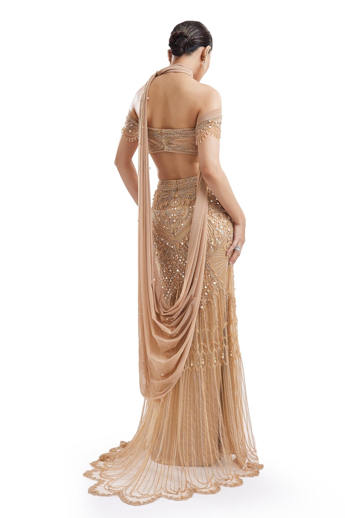 Gold Drape Skirt Set With Off-Shoulder Blouse