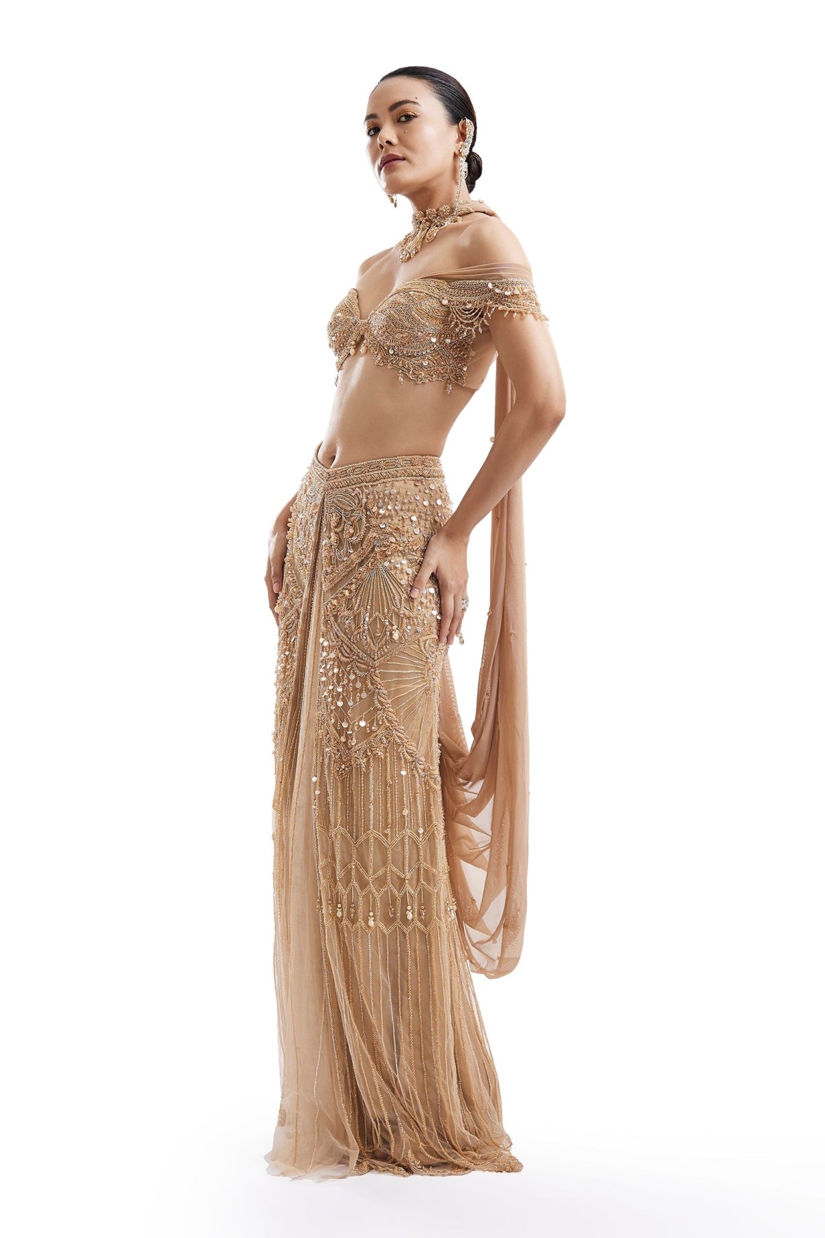 Gold Drape Skirt Set With Off-Shoulder Blouse