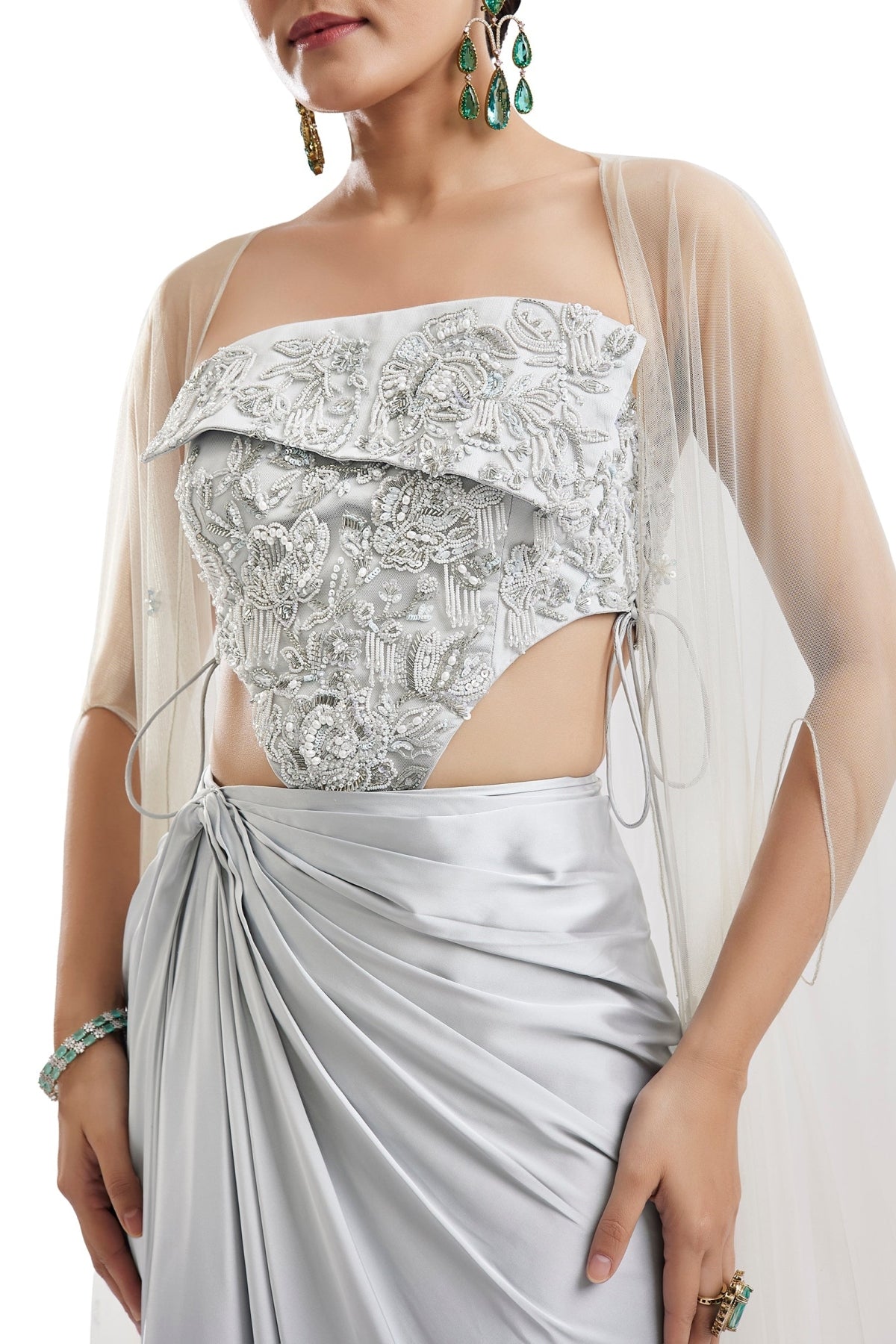 Sky Blue Embellished Cape Skirt Set