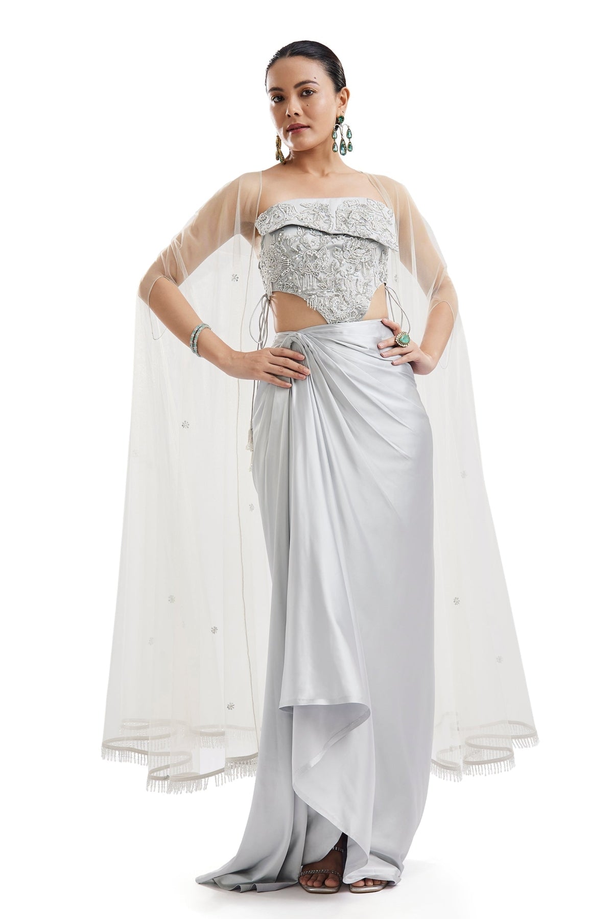 Sky Blue Embellished Cape Skirt Set