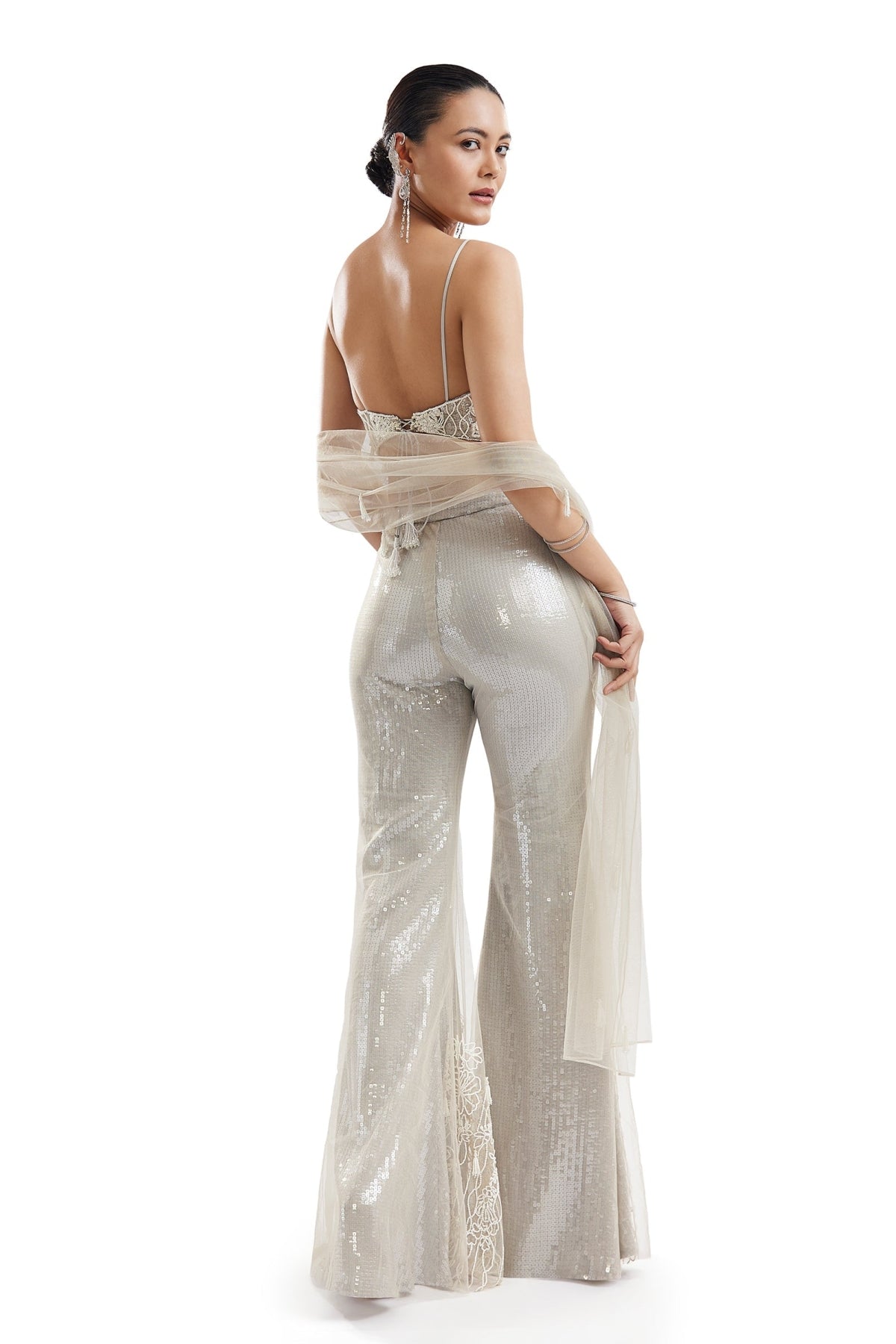 Silver Embellished Bell Bottom Set With Dupatta