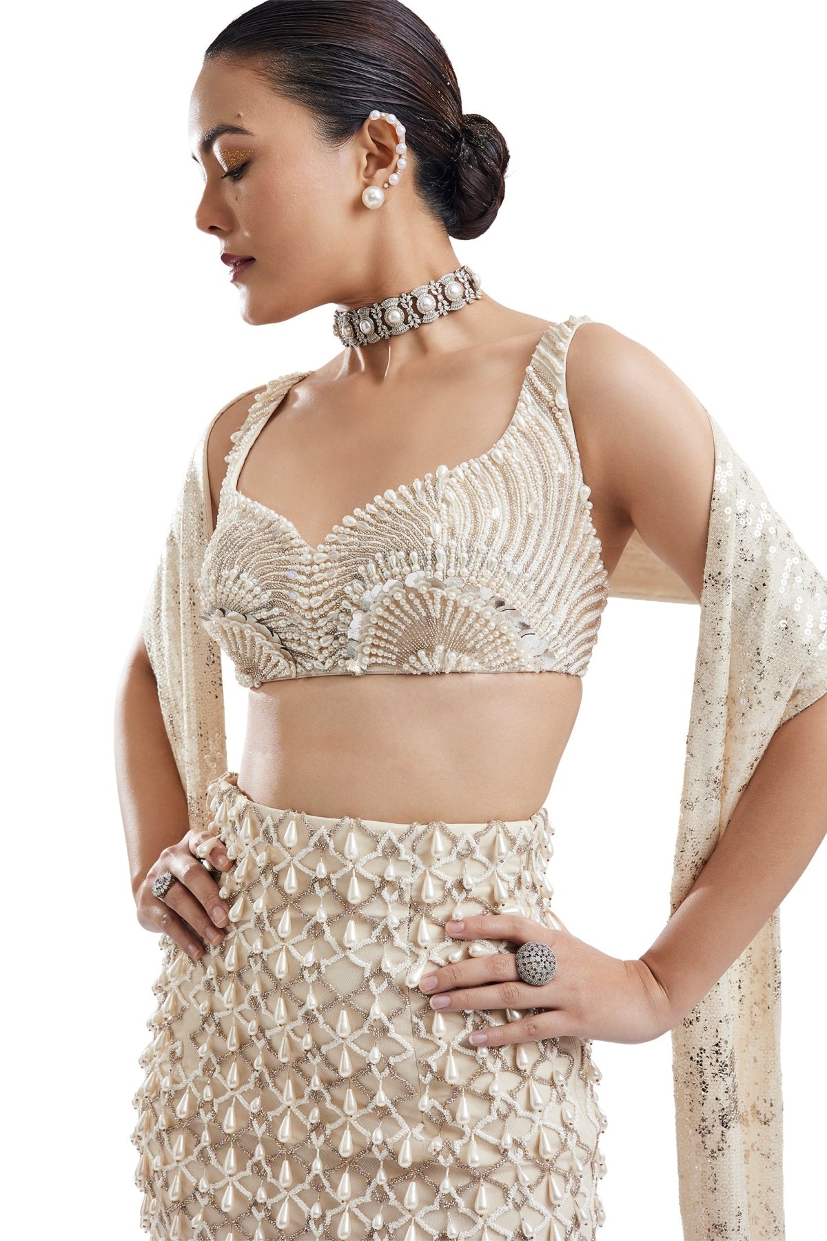 Ivory Sweetheart Neck Lehenga With Stole Dupatta