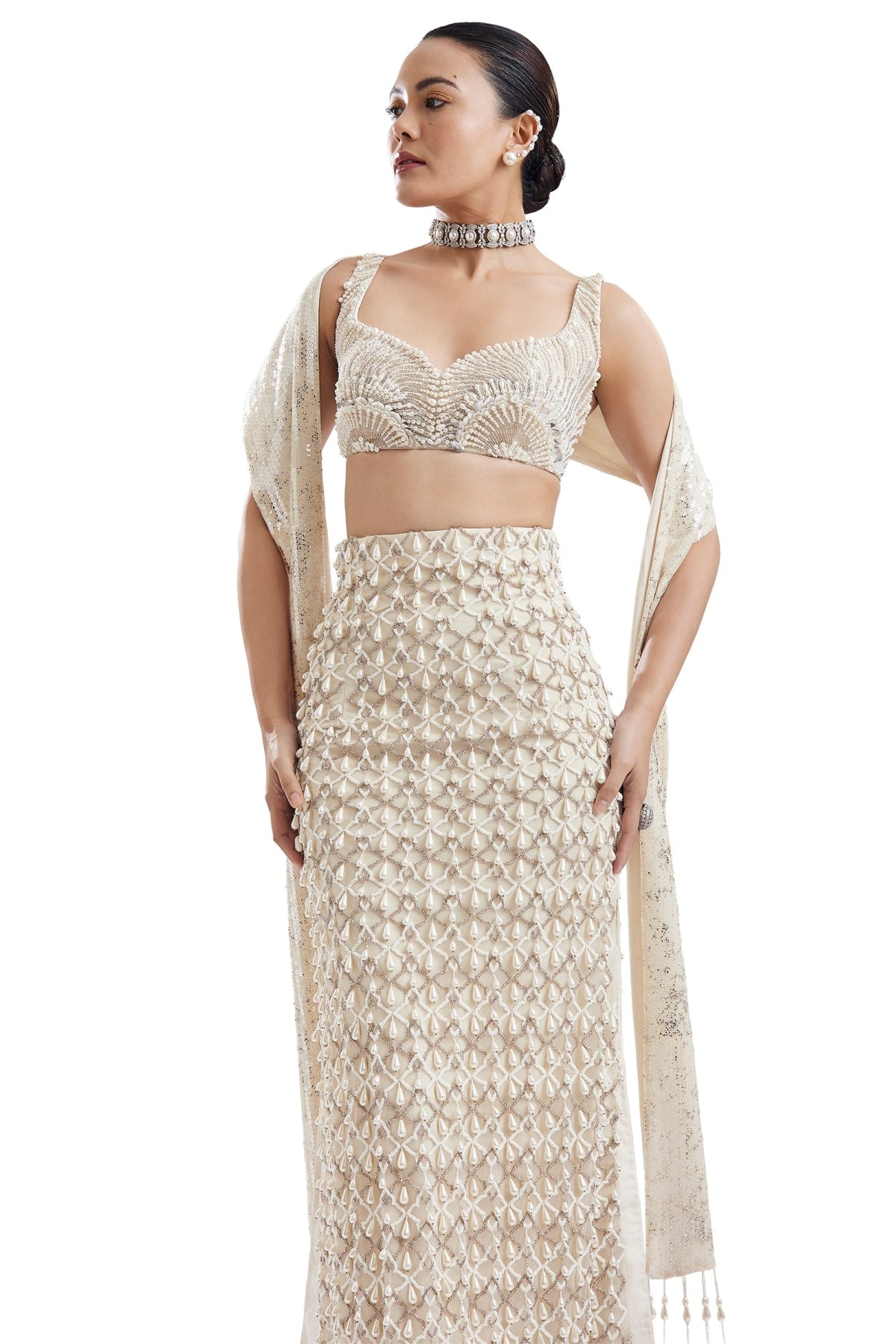 Ivory Sweetheart Neck Lehenga With Stole Dupatta