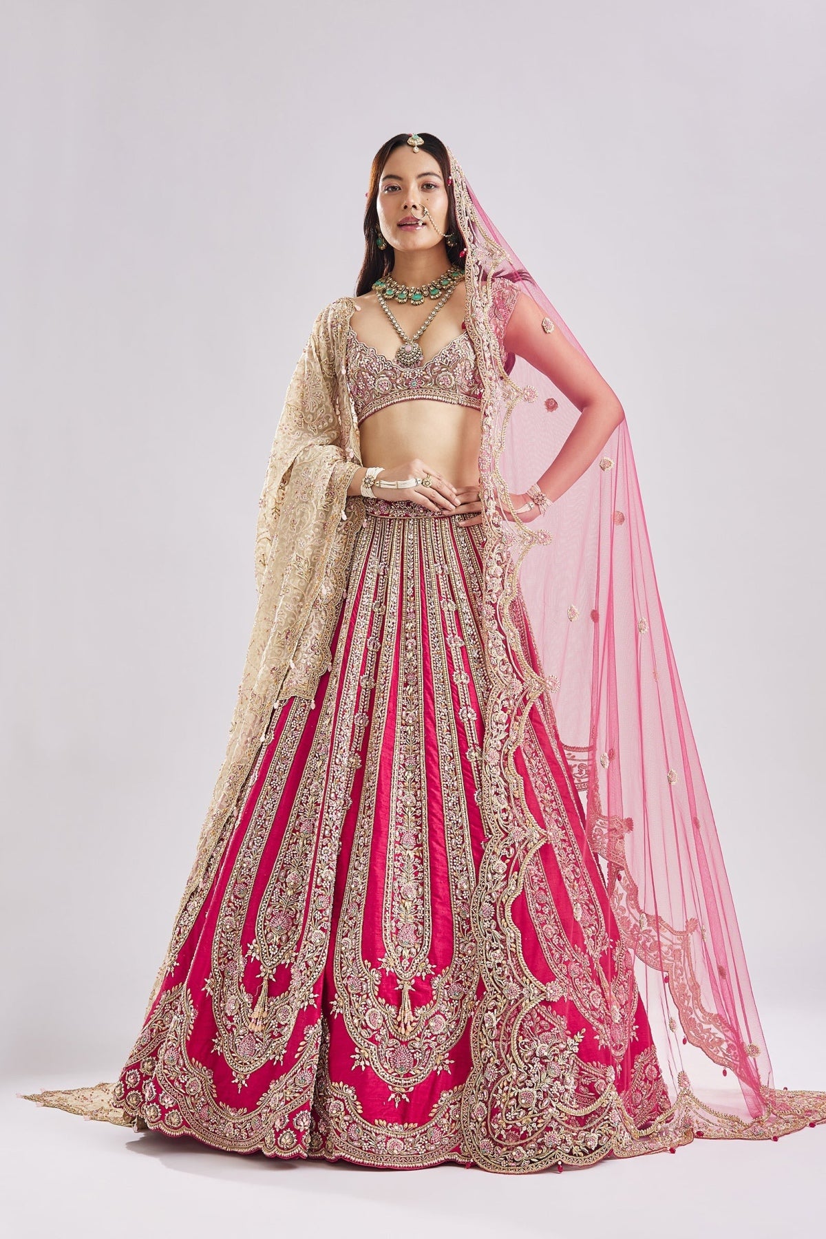 Hot Pink Self Gold Embroidery Bridal Set