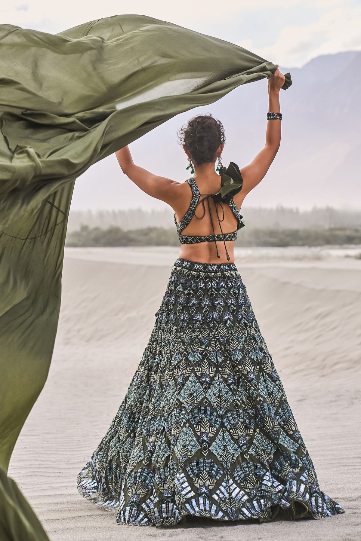 Dark Olive Green 3D Embroidered Lehenga Set With One Side Ruffle Trail
