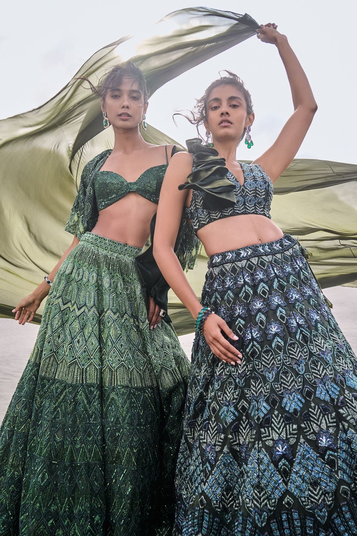 Dark Olive Green 3D Embroidered Lehenga Set With One Side Ruffle Trail