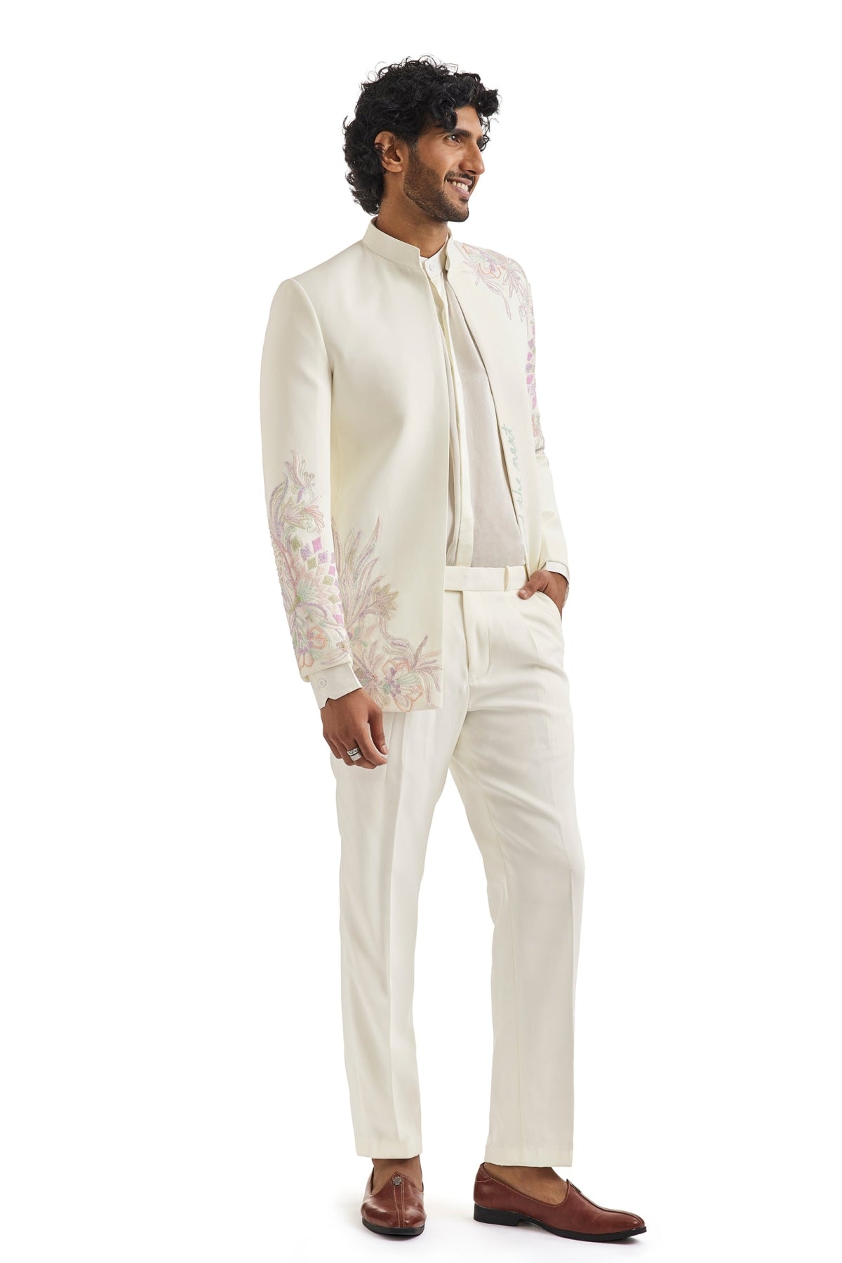 White Embroidered Tuxedo Set With Statement Blazer