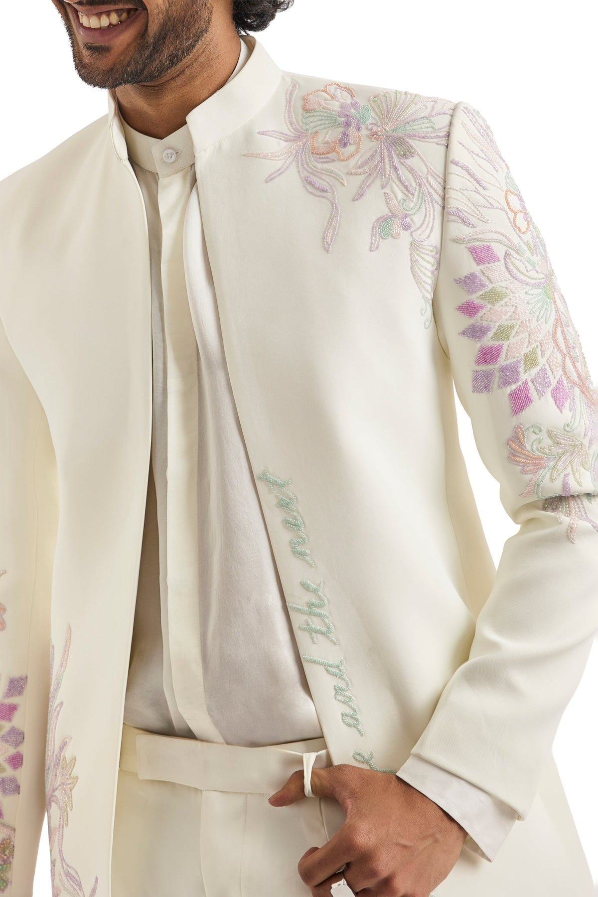 White Embroidered Tuxedo Set With Statement Blazer