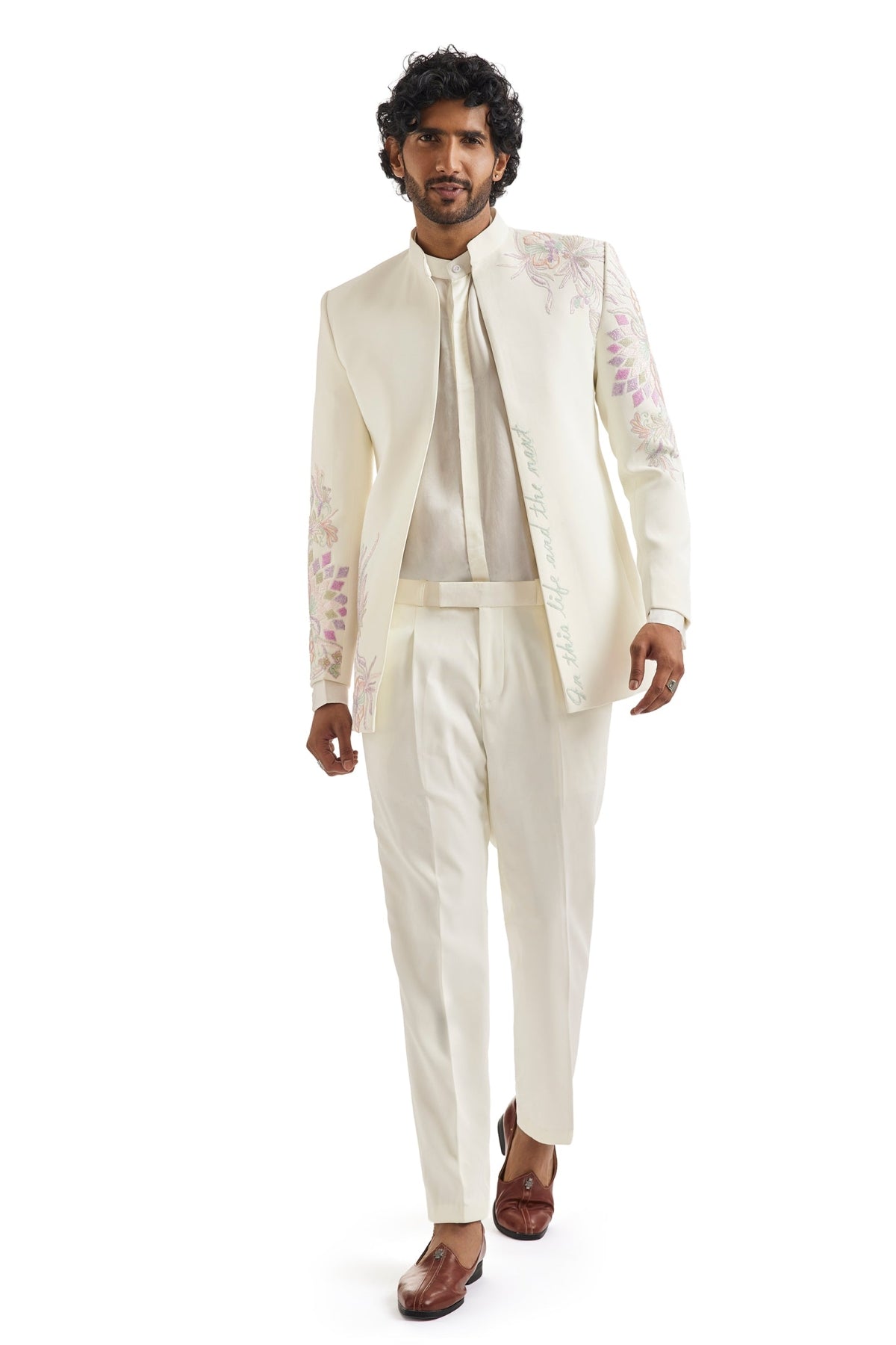White Embroidered Tuxedo Set With Statement Blazer