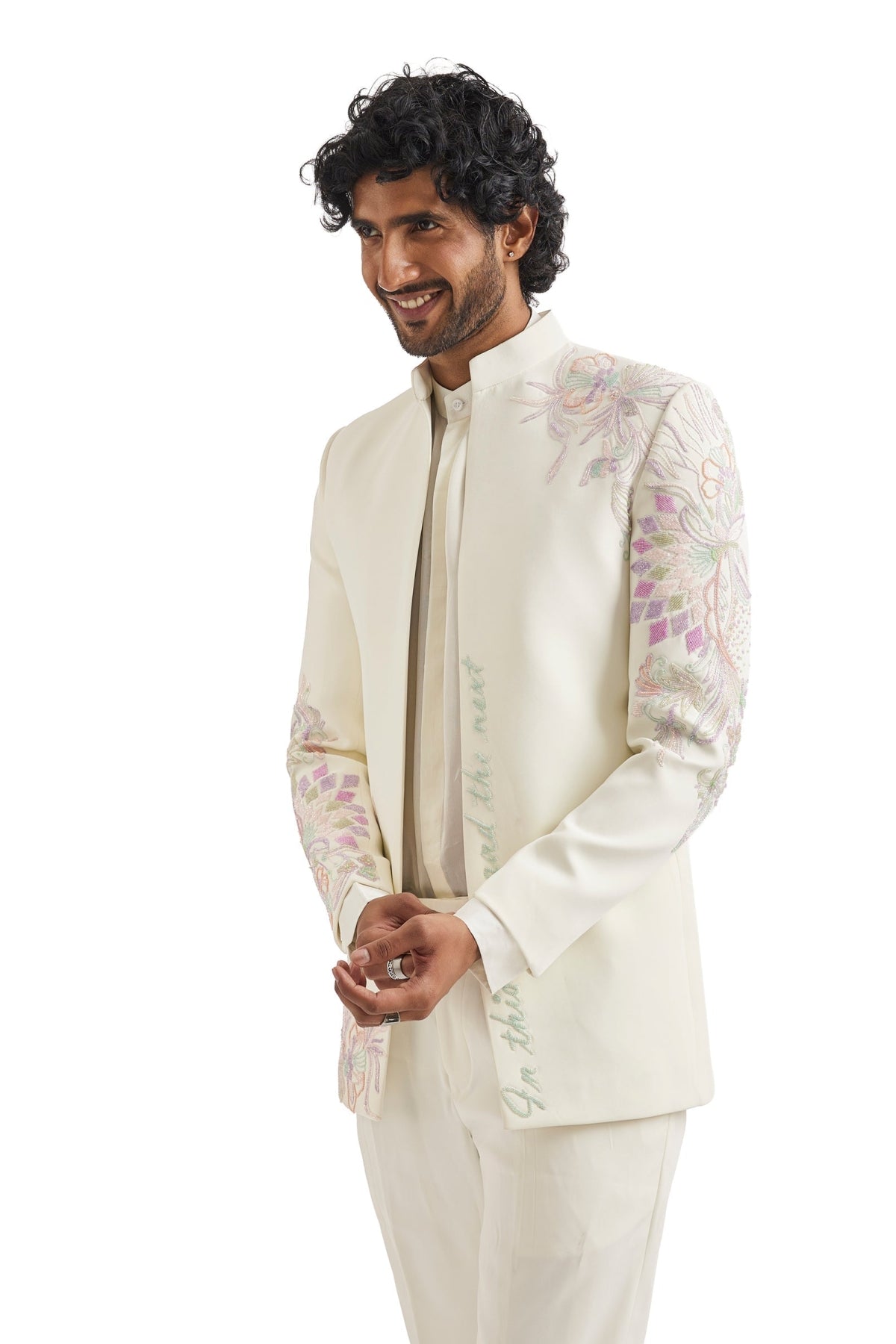 White Embroidered Tuxedo Set With Statement Blazer