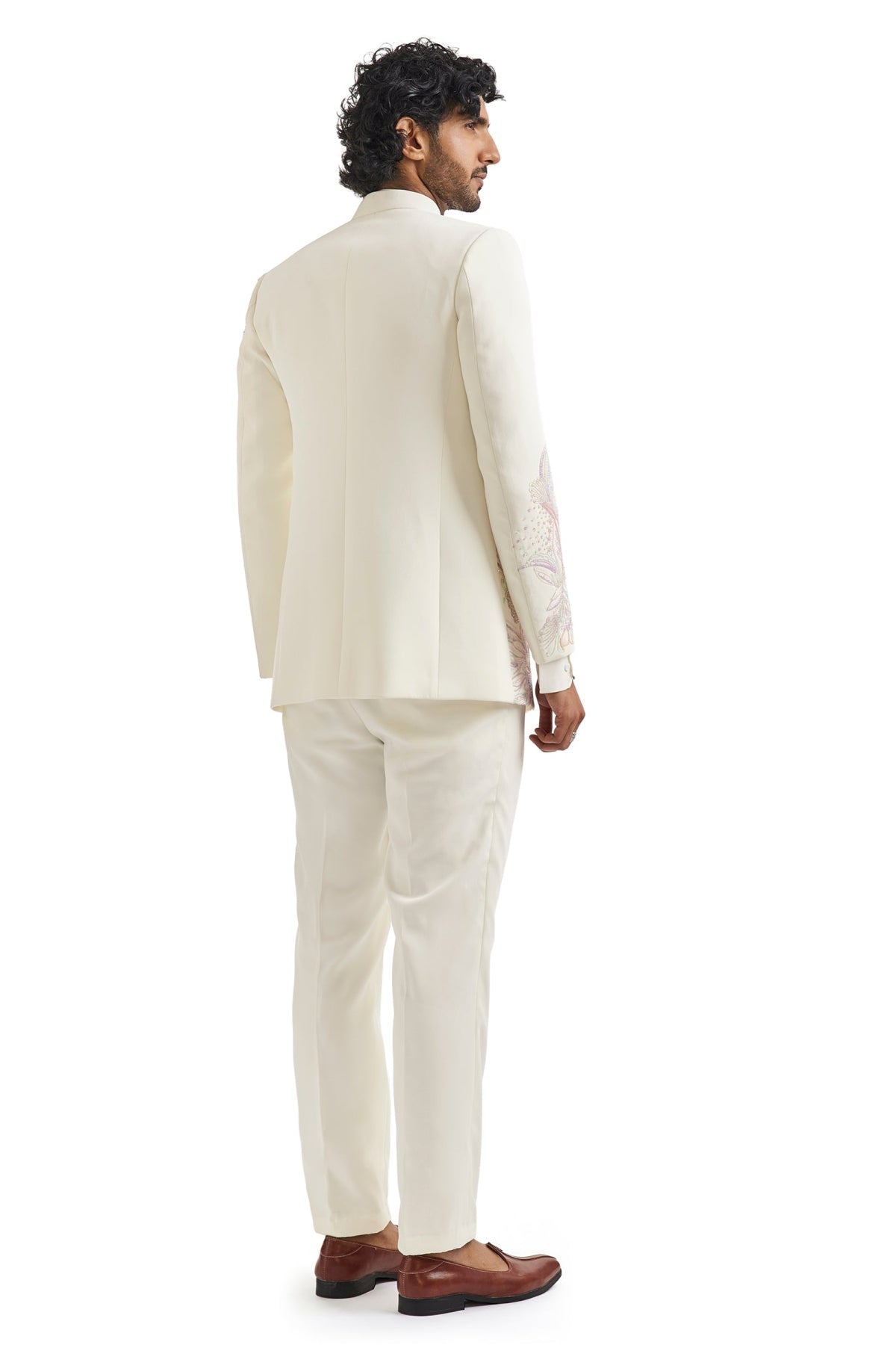 White Embroidered Tuxedo Set With Statement Blazer