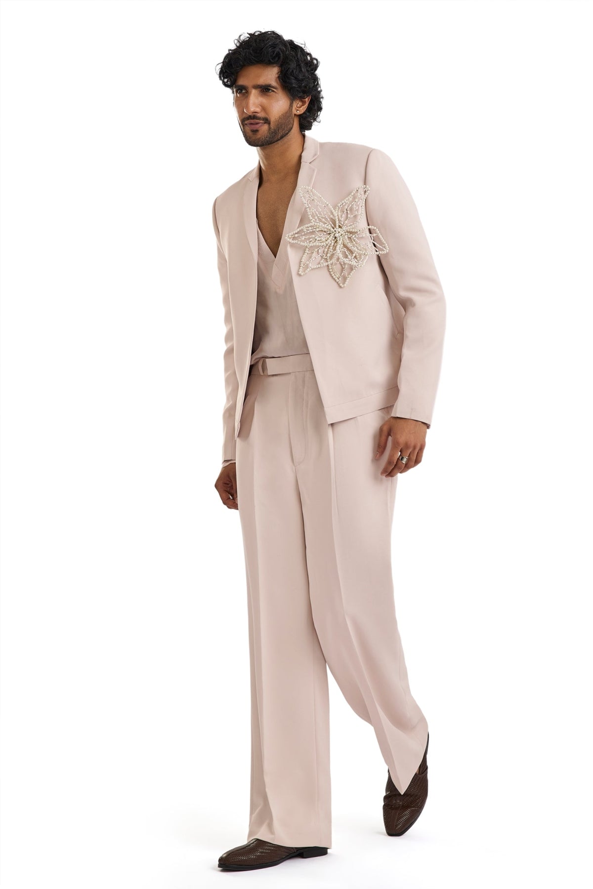 Pink Tuxedo Set With Pearl Floral Embroidery