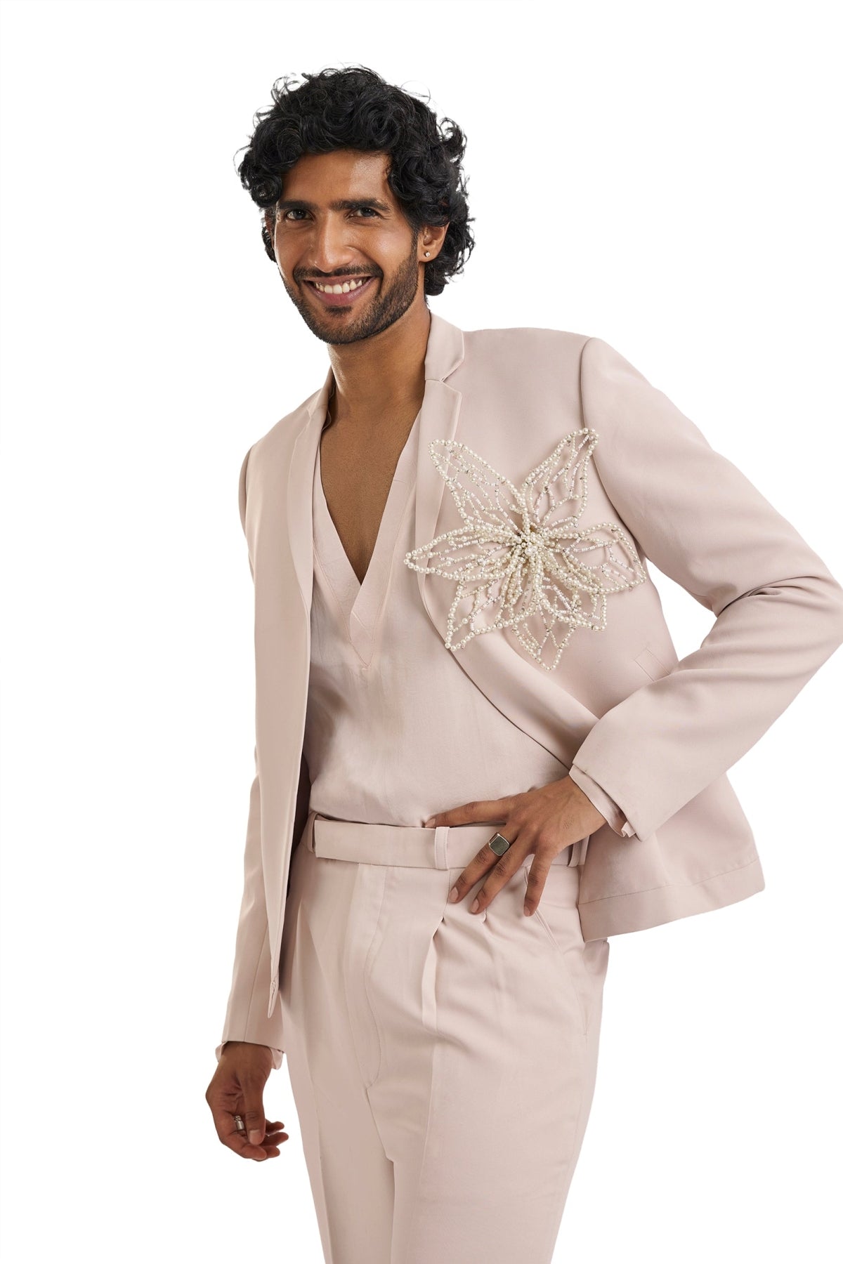 Pink Tuxedo Set With Pearl Floral Embroidery