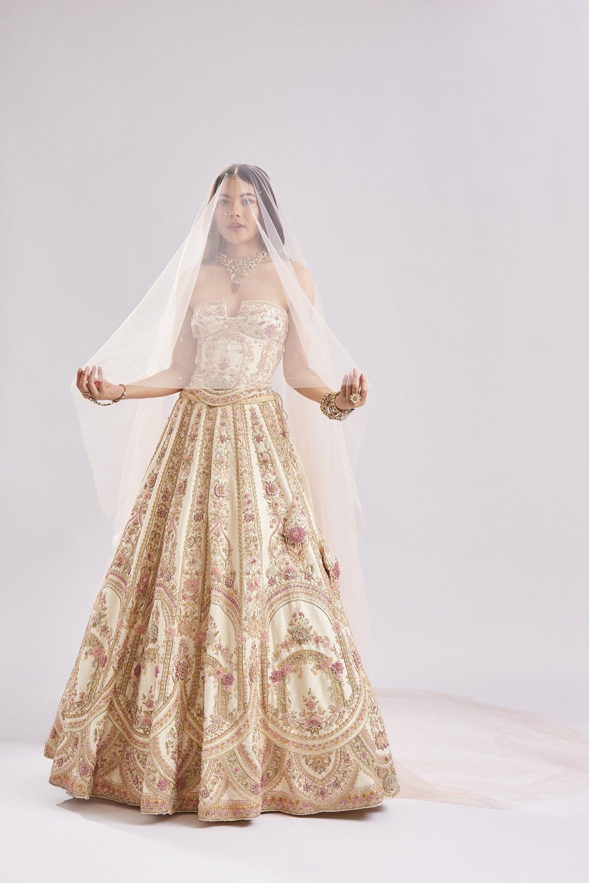 Off White Antique Embroidered Bridal Lehenga Set
