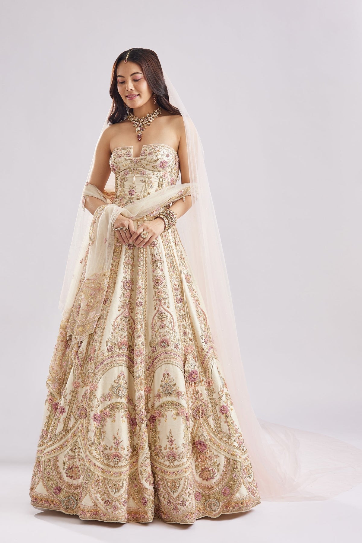 Off White Antique Embroidered Bridal Lehenga Set