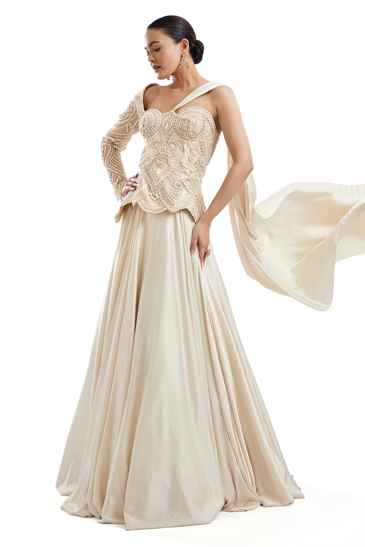 Off-White One-Shoulder Lehenga With Attached Pallu