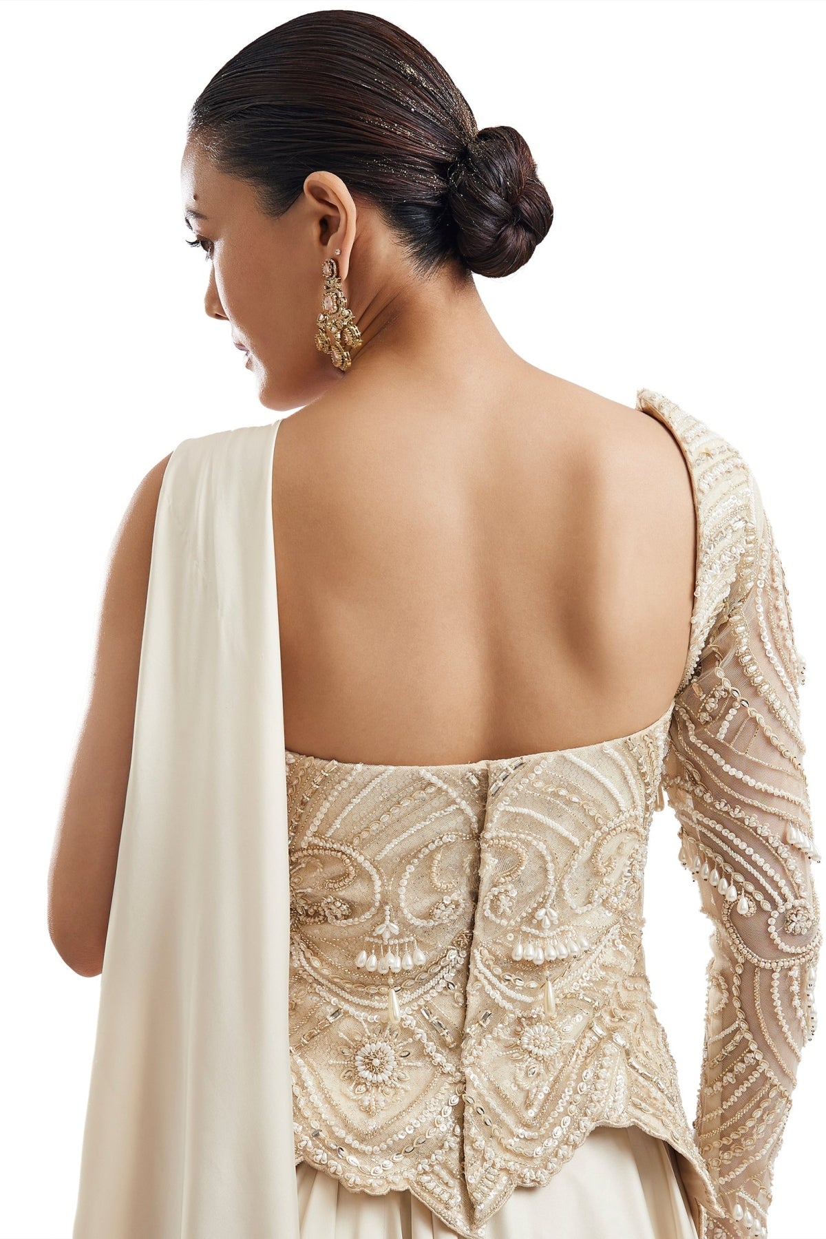 Off-White One-Shoulder Lehenga With Attached Pallu