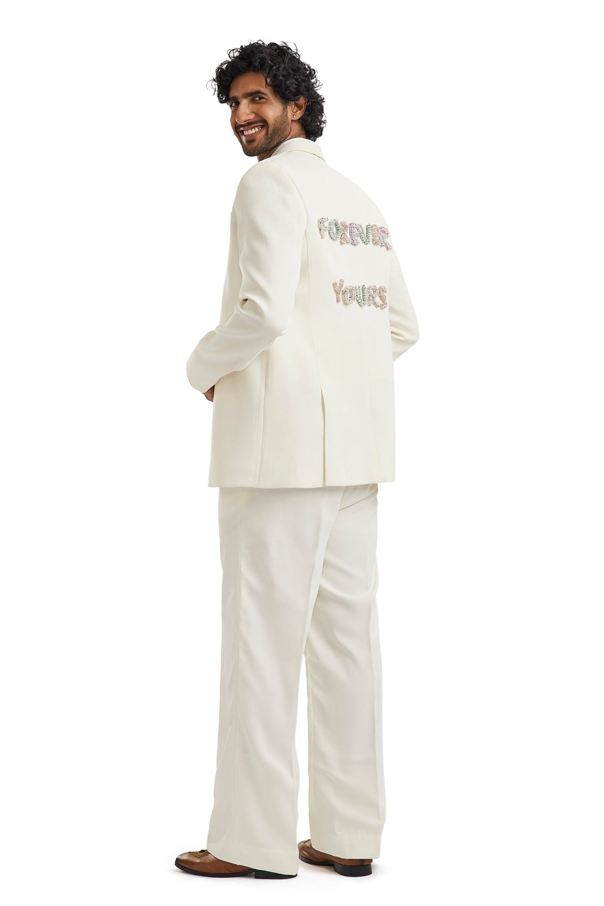Ivory Tuxedo Set With Pearl Letter Detailing