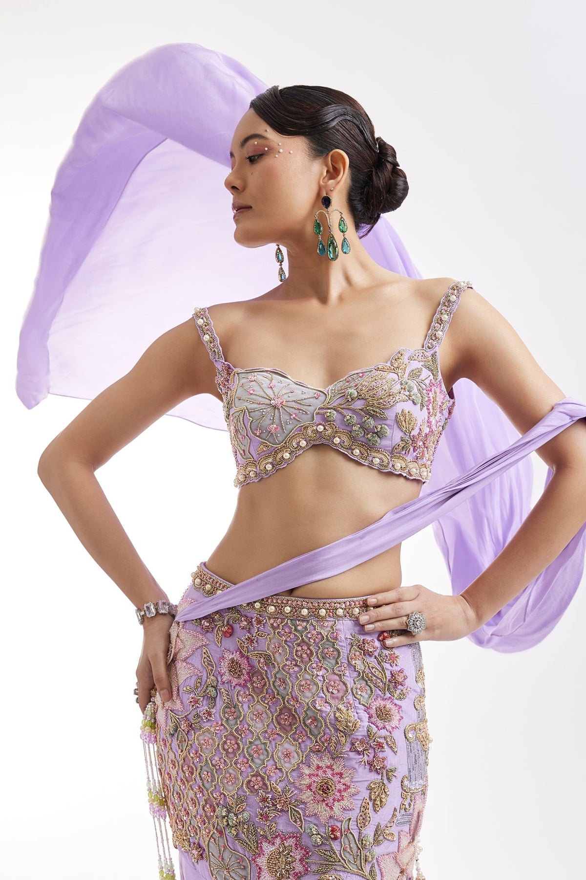Lilac Embroidered Blouse And Draped Skirt Set