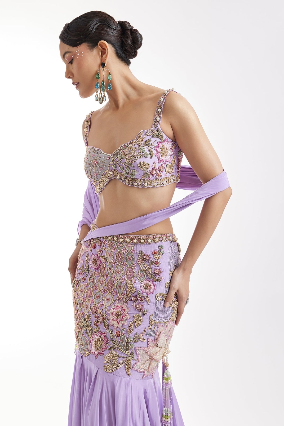 Lilac Embroidered Blouse And Draped Skirt Set
