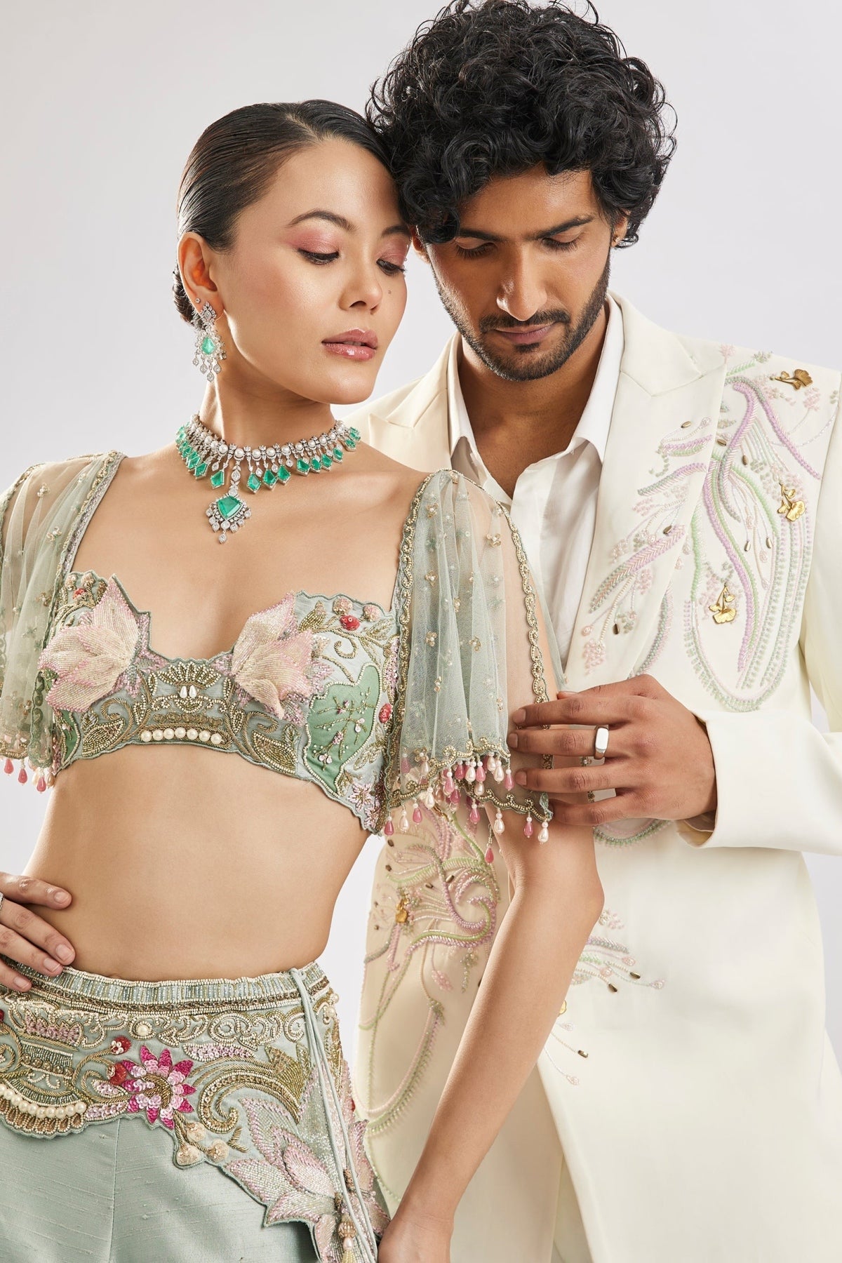 Sea Green Embroidered Lehenga Set With Cape