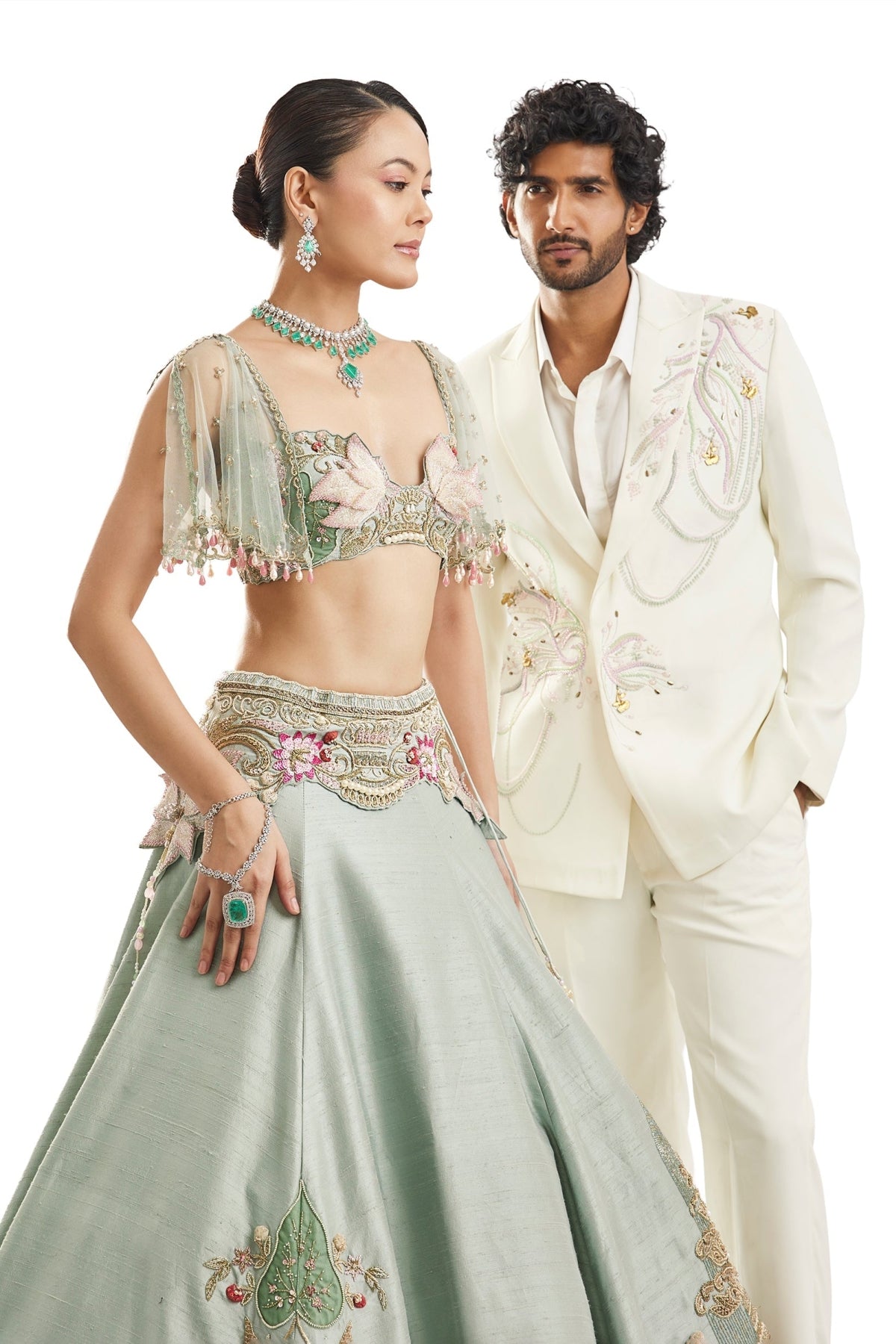 Sea Green Embroidered Lehenga Set With Cape