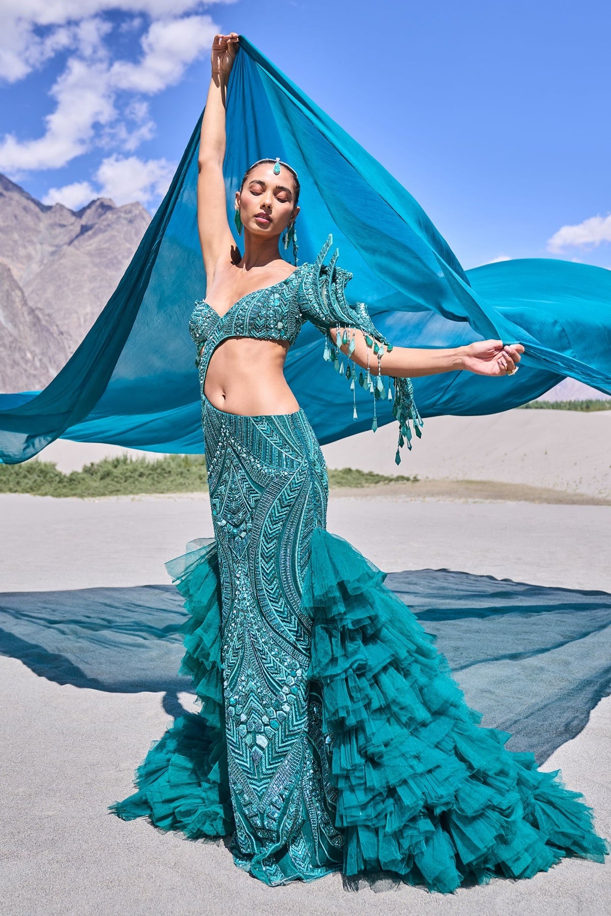 Green Mermaid Net Organza Fish Cut Gown