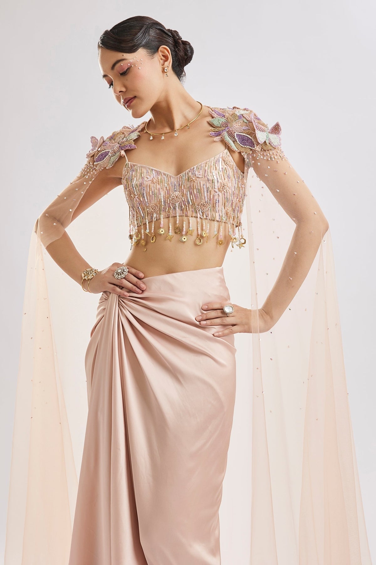 Peach Butterfly Blouse With Draped Skirt And Cape Set